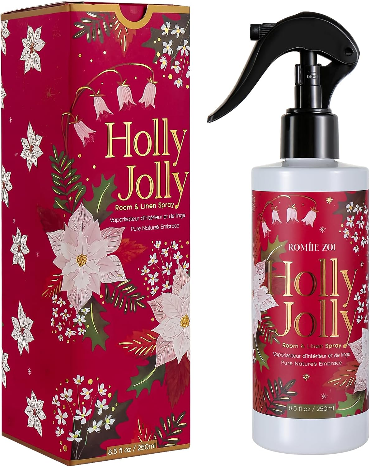 Romiie Zoi Christmas Linen & Room Air Freshener Spray Room Mist- Holly Jolly - Infused with Citrus & Pine Aroma- 250ml / 8.5 FL OZ.
