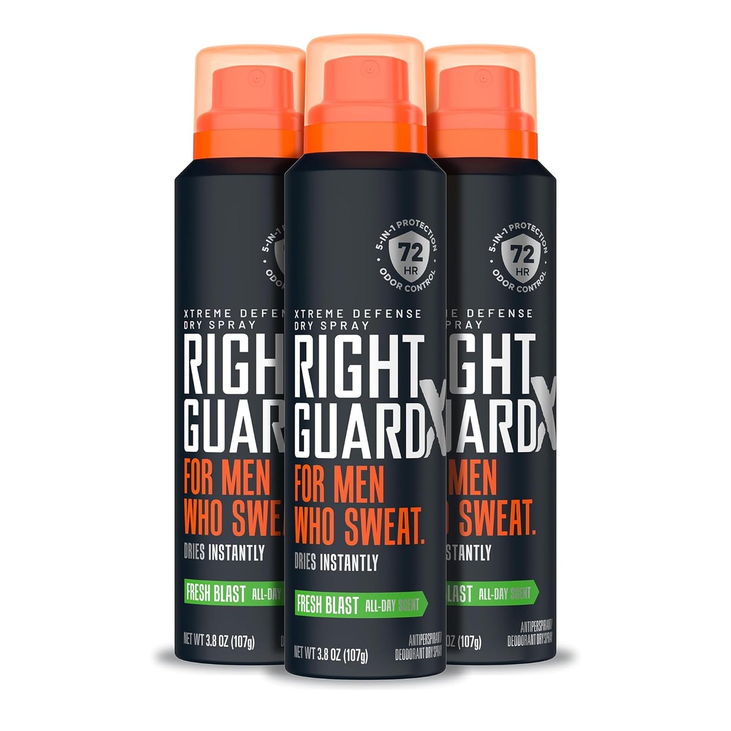 Right Guard Xtreme Defense Dry Spray Deodorant Antiperspirant, Fresh Blast Scent - 5-in-1 Deodorant Men Can Trust, Blocks Sweat 2X Longer,72-Hour Odor Control, 3.8 oz (3 Pack)