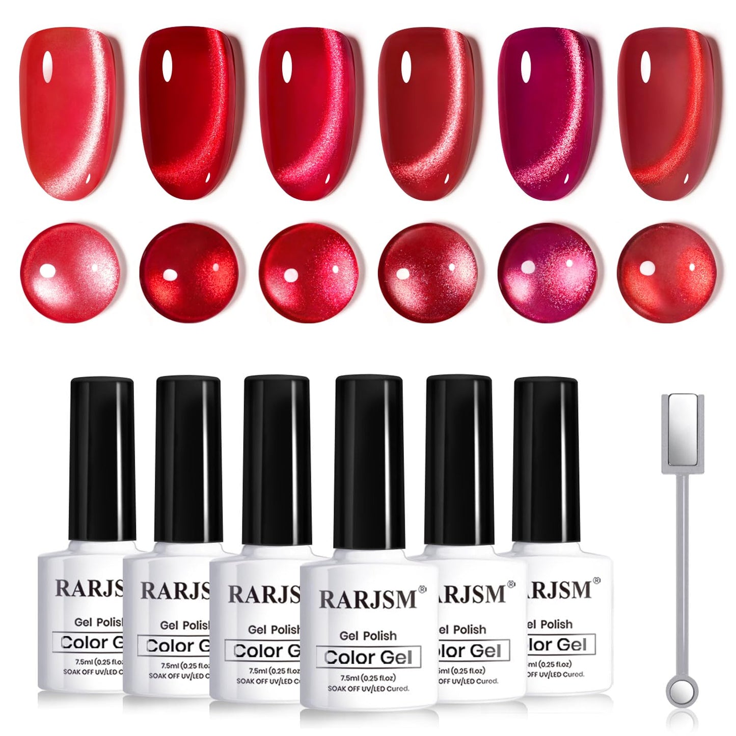 RARJSM Red Cat Eye Gel Nail Polish Set 6 Pcs Smoothie Ceramic Silver White Glitter Shimmer Burgundy Cherry Dark Wine Red Velvet Diamond Cateye Gel Polish with Magnetic Stick Soak off Curing Require