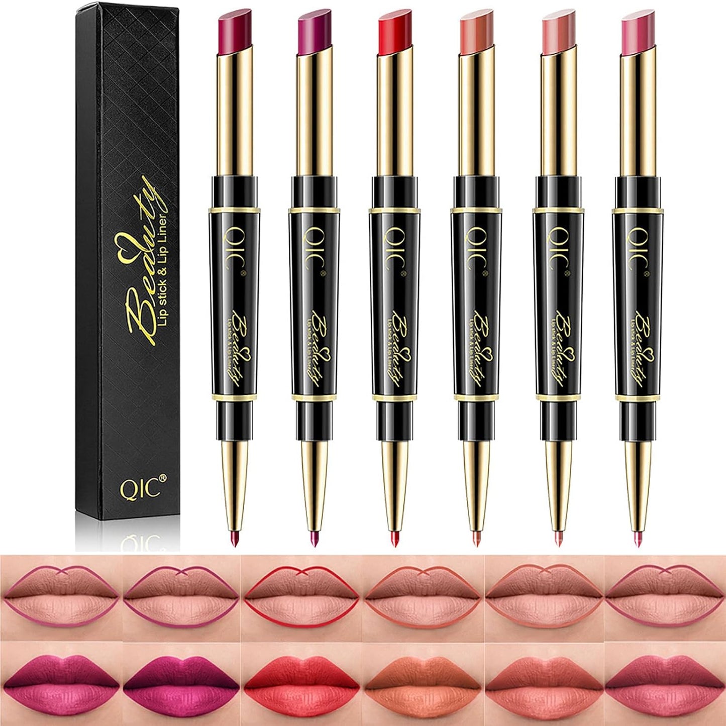 6Pcs Lip Liner and Lipstick Makeup Set, Purple Red/Claret/Vermilion/Pastel Orange/Rose/Ruby Red Lipstick Pen and with Lip Liner Pencil Set Lip Gift Set for Daily/Travel/Party/Work