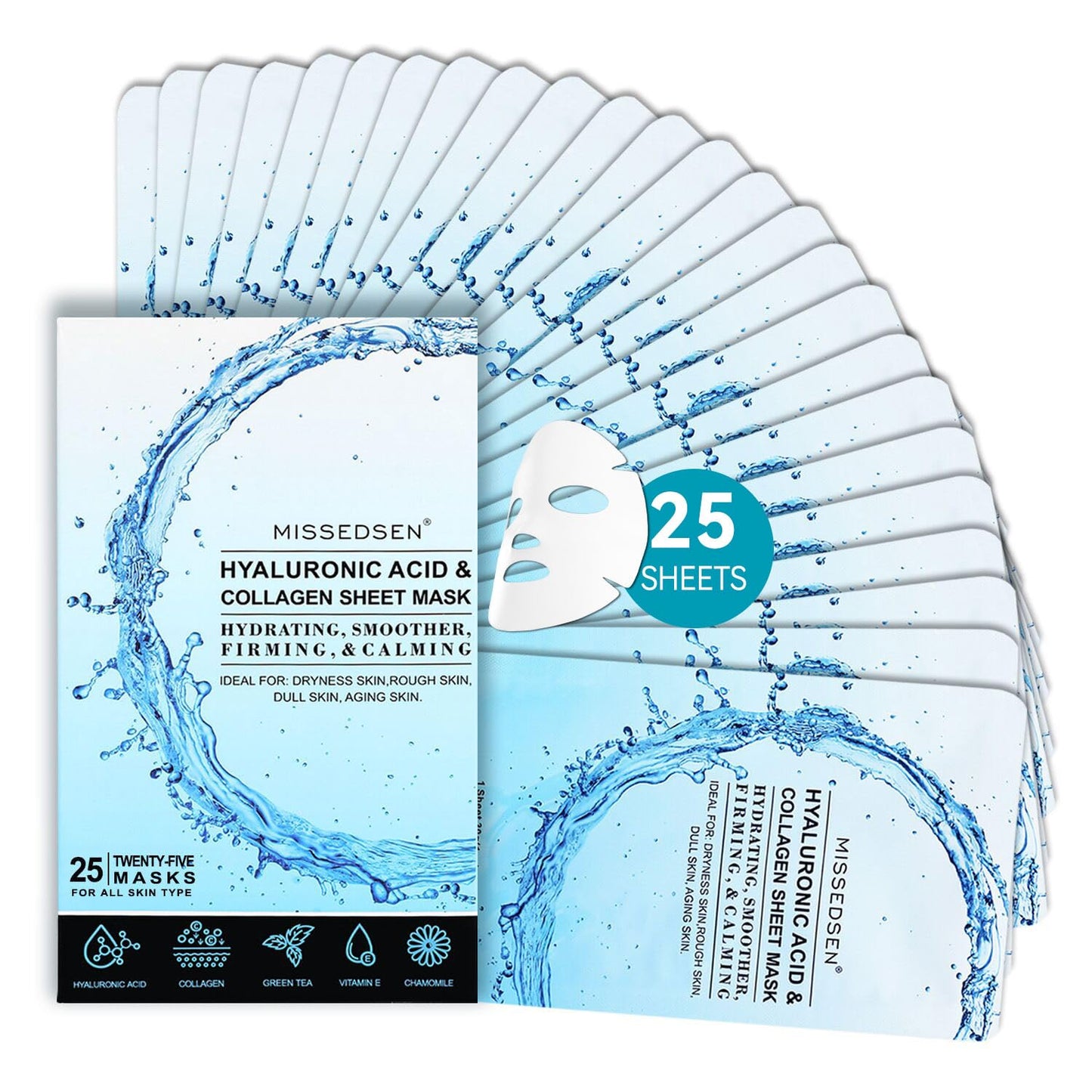 Collagen Face Mask Skincare For Women Hyaluronic Acid Moisturizing Firming Calming Hydrating Pore Treatment Anti-Aging of Different Ages and Skin Types Urban Beauty Secret 25 PCS