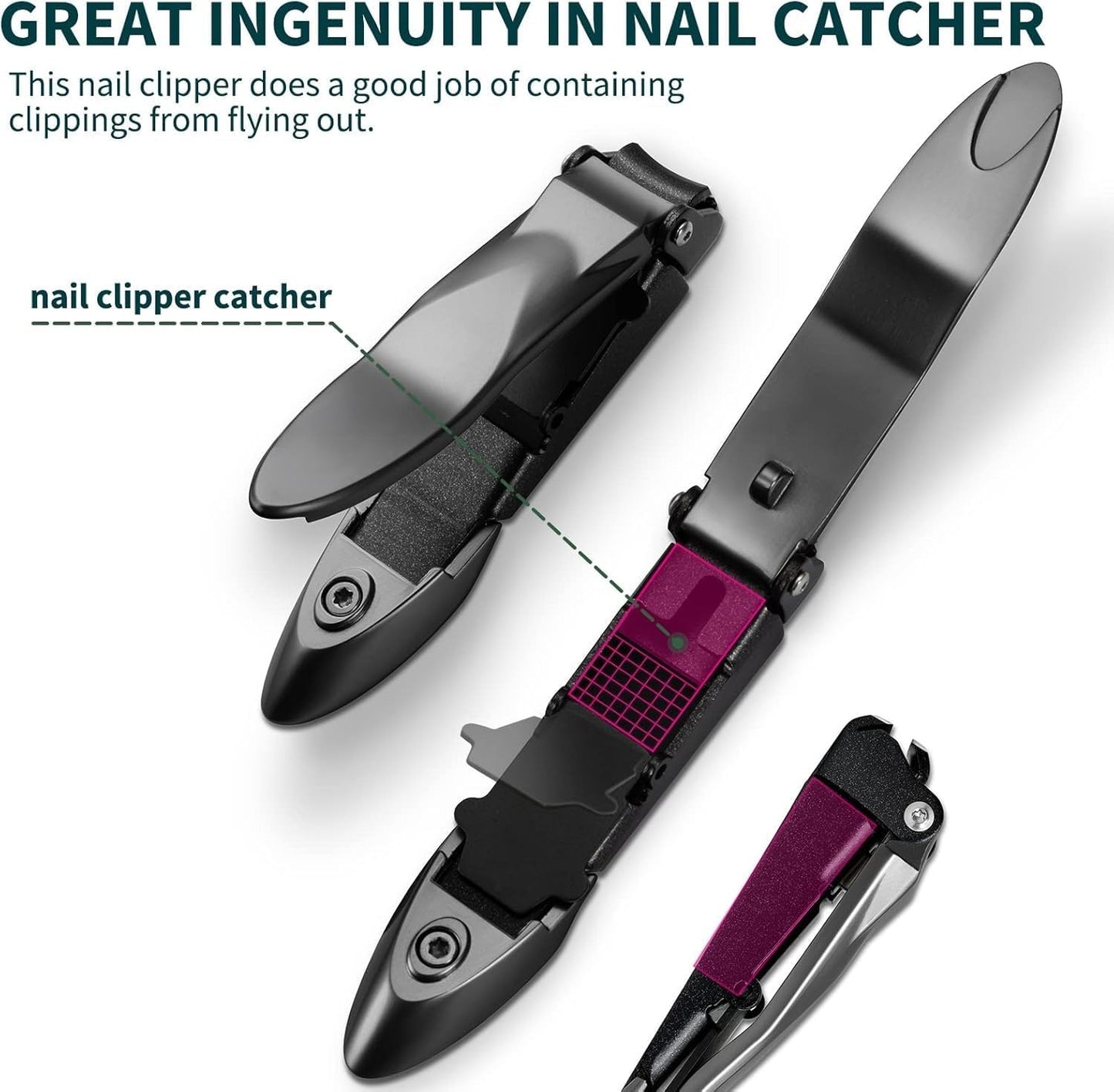 Large Sharp Heavy Duty biomimetic Stainless Steel Anti-Splash Self-Collecting Anti Splash Nail Clippers Set with Catcher, Baby Nail Clipper and Nano Glass Nail File (Gray, 3 Pieces Set)