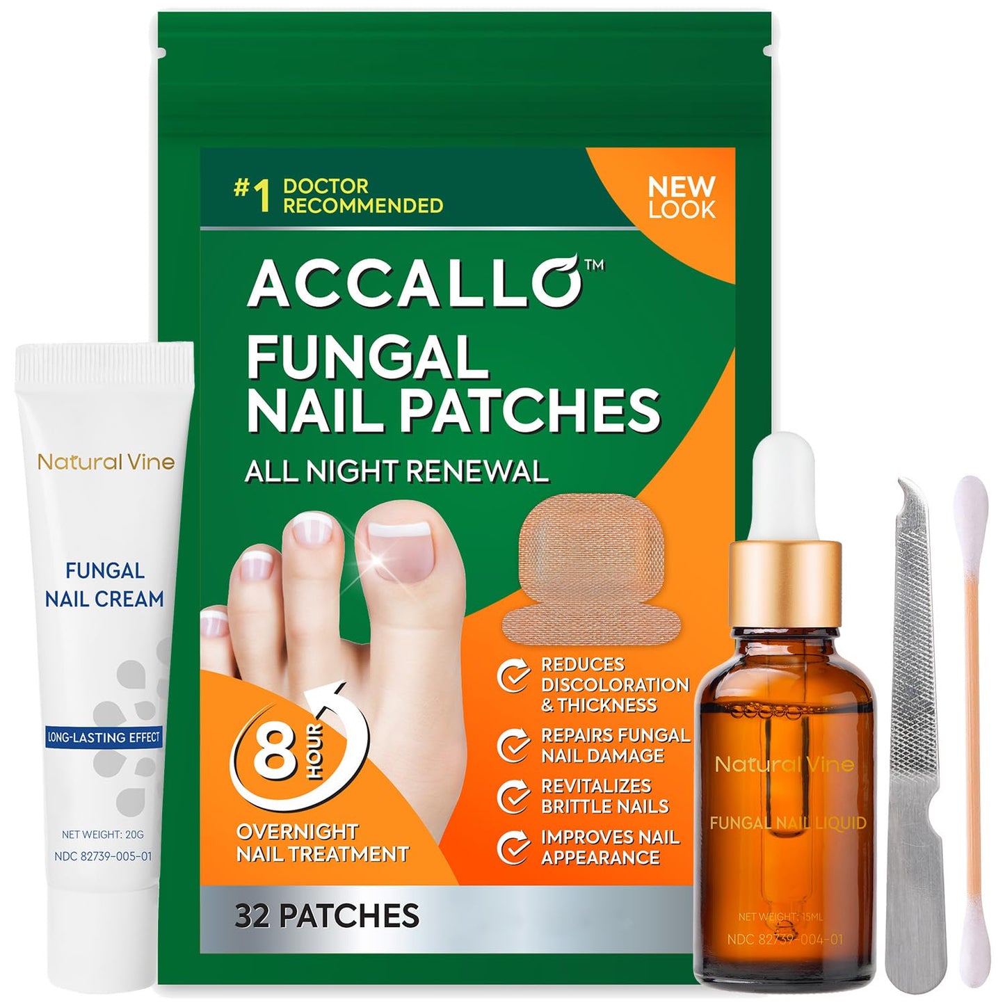 Natural Vine Toenail Fungus Treatment Kit: Fungal Nail Patches 32pcs + Liquid 15mL + Cream 20g Extra Strength for Toenail & Fingernails