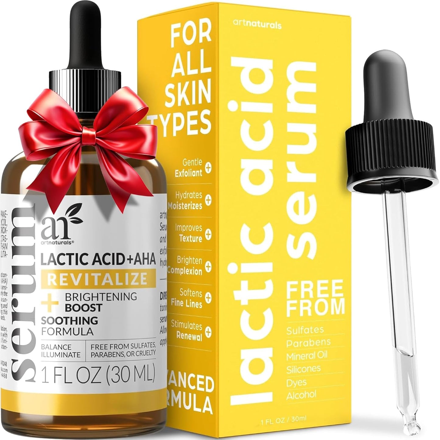 artnaturals Lactic Acid plus AHA Face Serum for Brightening Boost with Renewing Formula - Scars, Acne, Wrinkles - Exfoliates and Moisturizes the Skin - 1 oz.