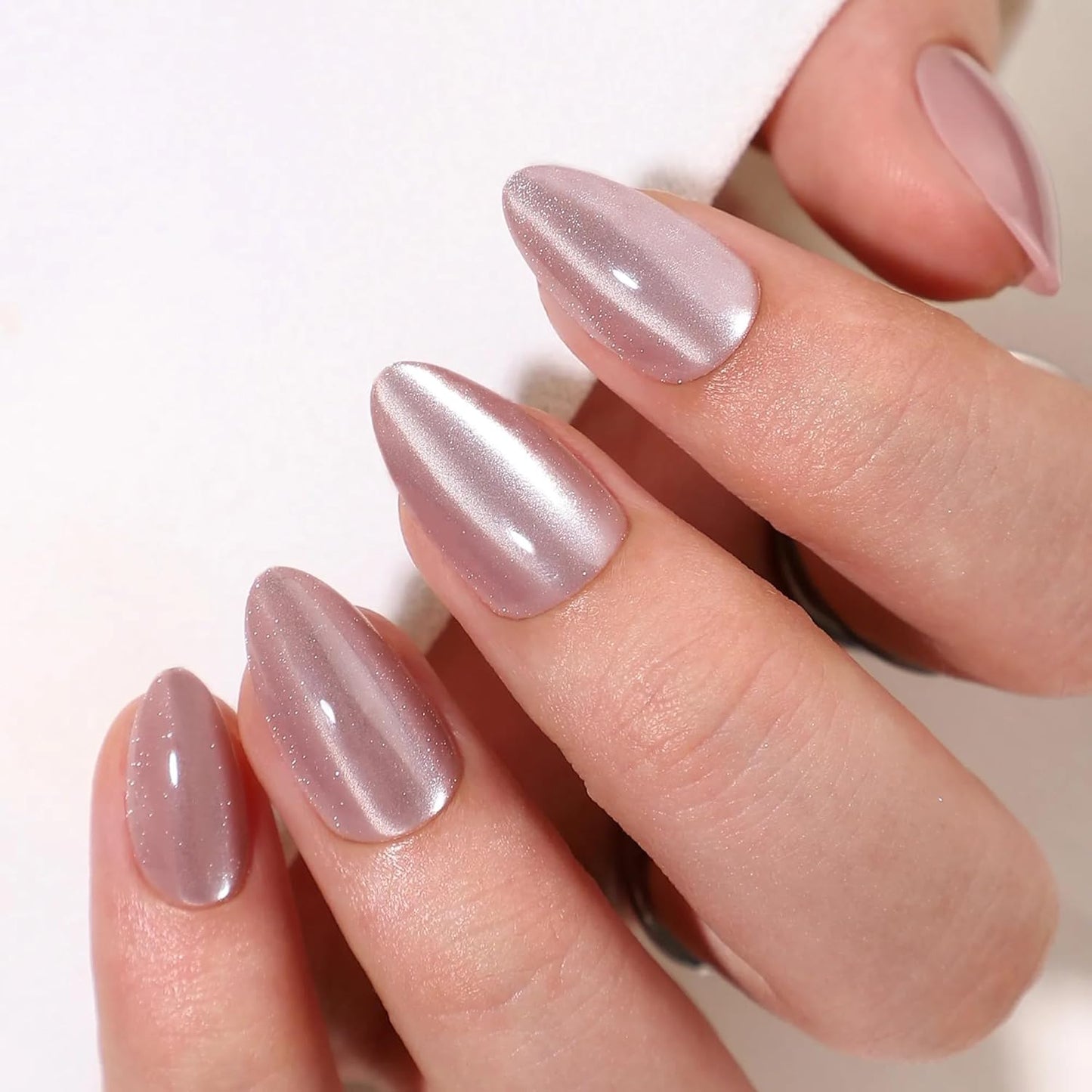 Press On Nails - Rosé I Medium Almond Cateye Pink I 16 Sizes - 32 Reusable Fake Nail Kit - Glue & Adhesive Tabs I Long-Lasting, Damage-Free Wear