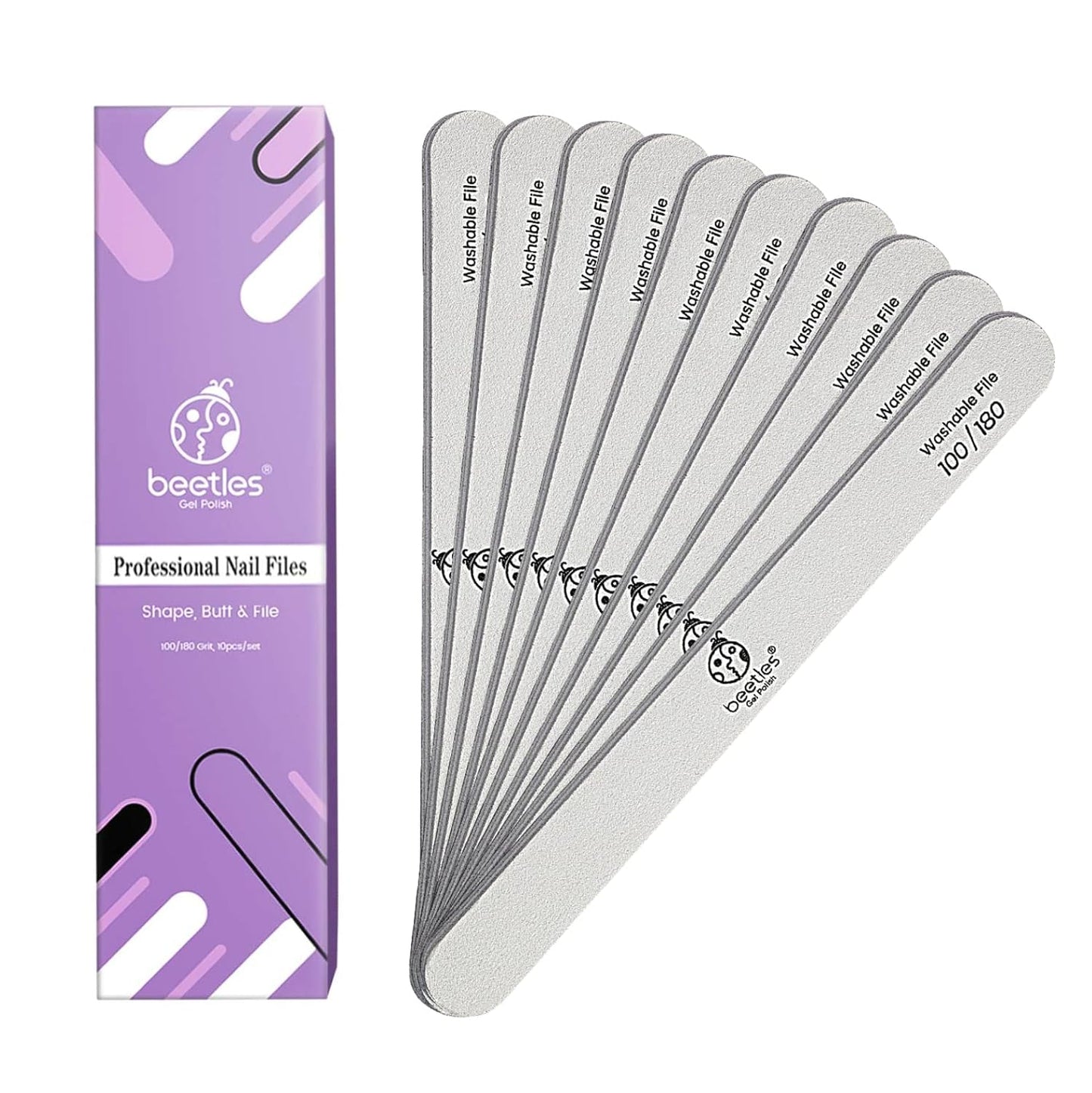 Beetles 10 PCS Professional Nail File Set, Double Sided Emery Board 100/180 Grit Nail Files Manicure Tools Kit for Home and Salon Use Acrylic False Nails