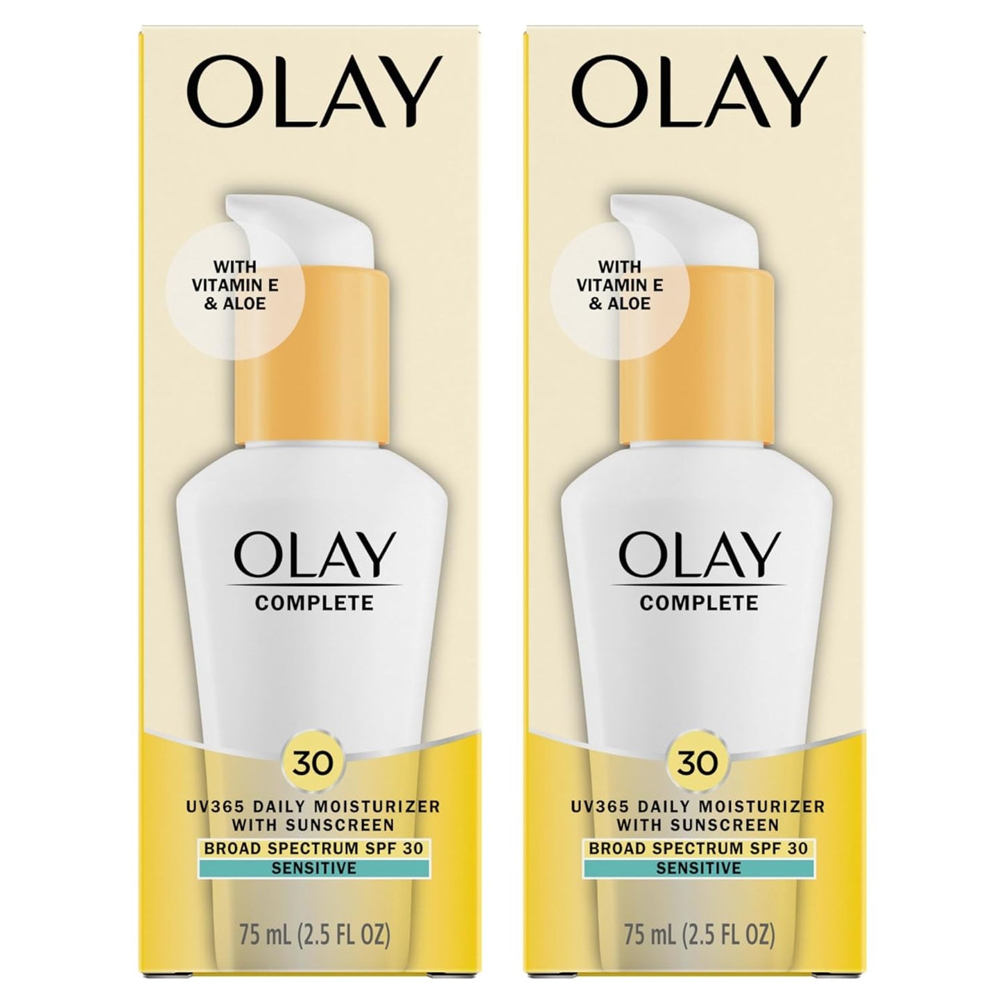 Olay Face Moisturizer, Complete with Sunscreen SPF 30, Fragrance-Free for Sensistive Skin, Broad Spectrum Sun Protection, Long-Lasting Hydration, Non-Comedogenic - Vitamin E & Aloe - 2.5 Oz - 2 Pack