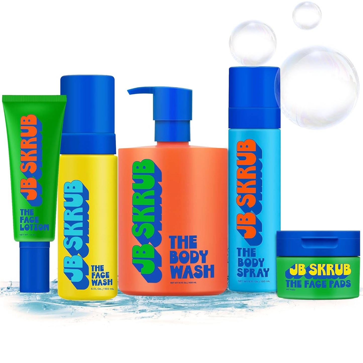 JB SKRUB The Ultimate Bundle - Complete Skin Care Set for Kids, Tweens, and Teens, Includes Body Wash, Body Spray, Acne Face Wash, Pads, and Lotion