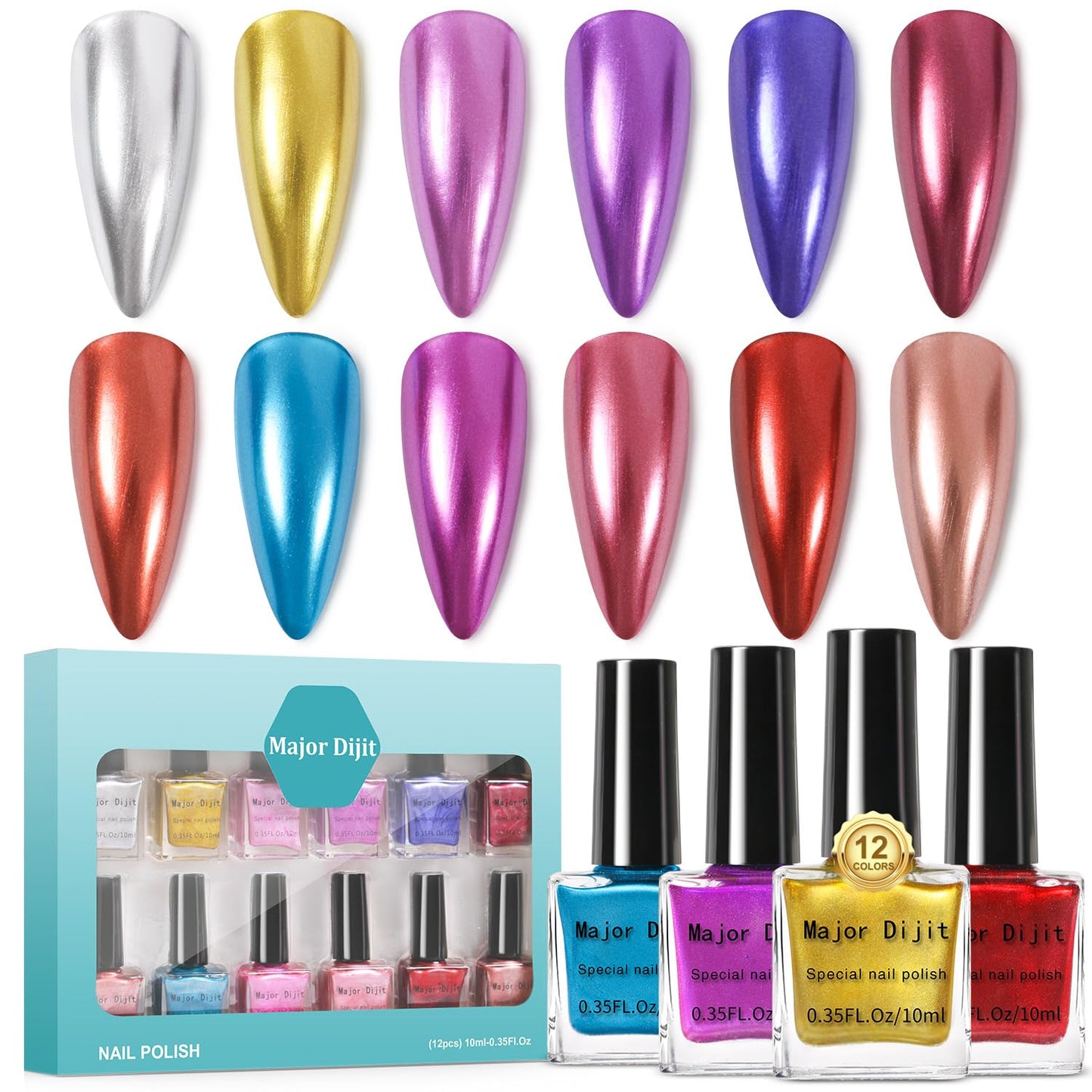 DouborQ Metallic Nail Polish Set,12 Colors Mirror Chrome Glitter Nail Polish 0.35 FL.oz/10ml Holographic Gold Silver Pink Red Purple Nail Polish Manicure