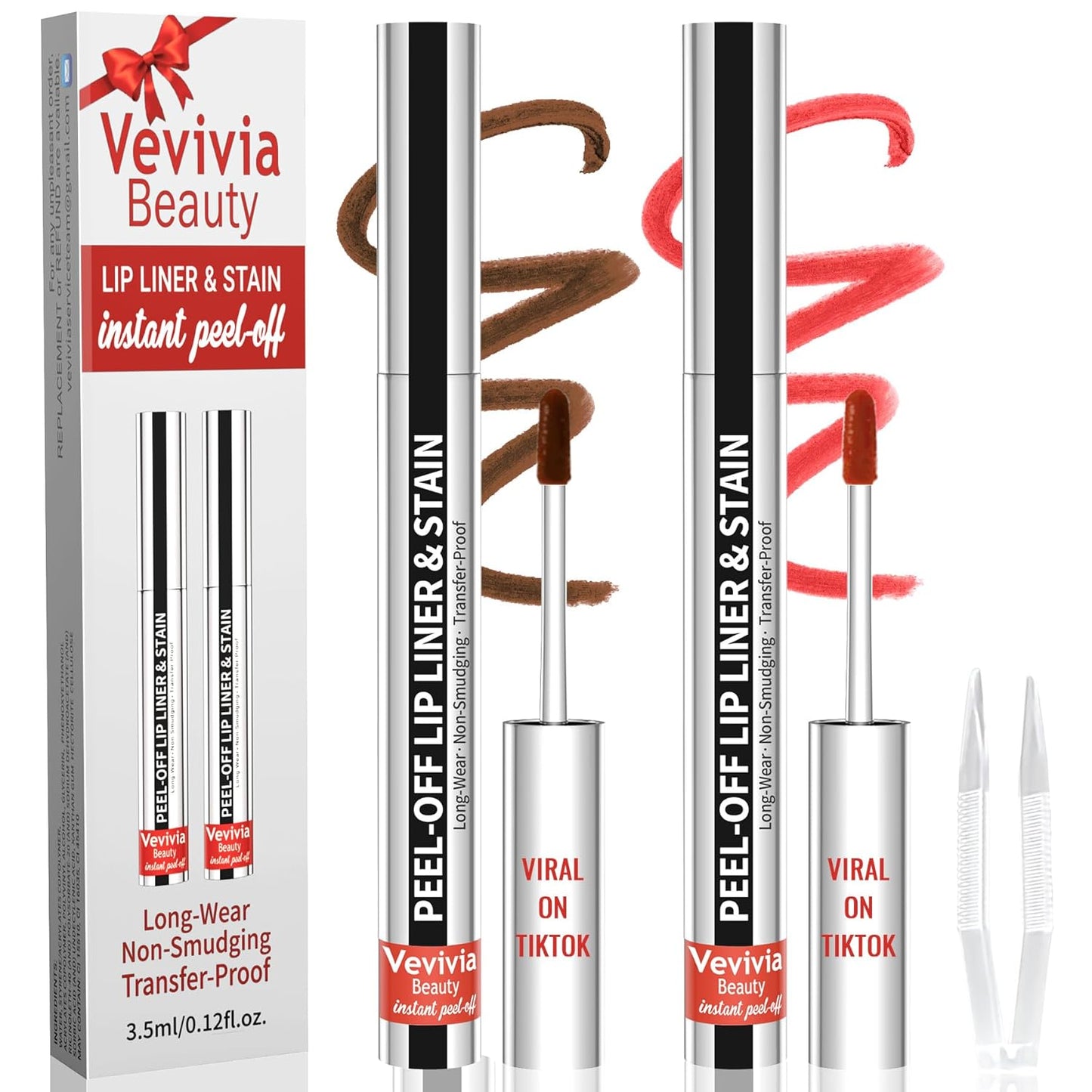 2pcs Lip Stain Peel Off - Lip Liner Stain Long Lasting Waterproof,2-in-1 Lip Liner with Tweezer Nude Matte,Non-Stick Cup,Highly Pigmented,Natural Finish,Stay On All Day,Perfect for Gift (Cocoa+Coffee)
