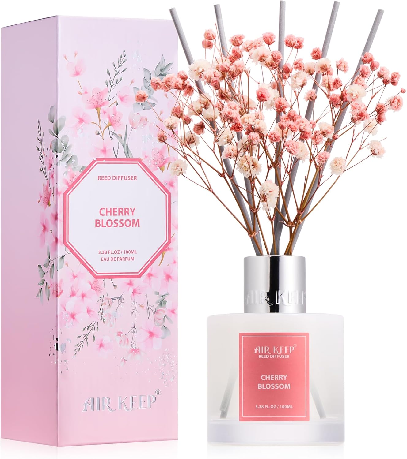Airkeep Reed Diffuser Set, 3.38 fl oz (100 ml) - Cherry Blossom Almond Oil Diffusers with 8 Reed Sticks, Home Fragrance Reed Diffuser for Bathroom Shelf Decor
