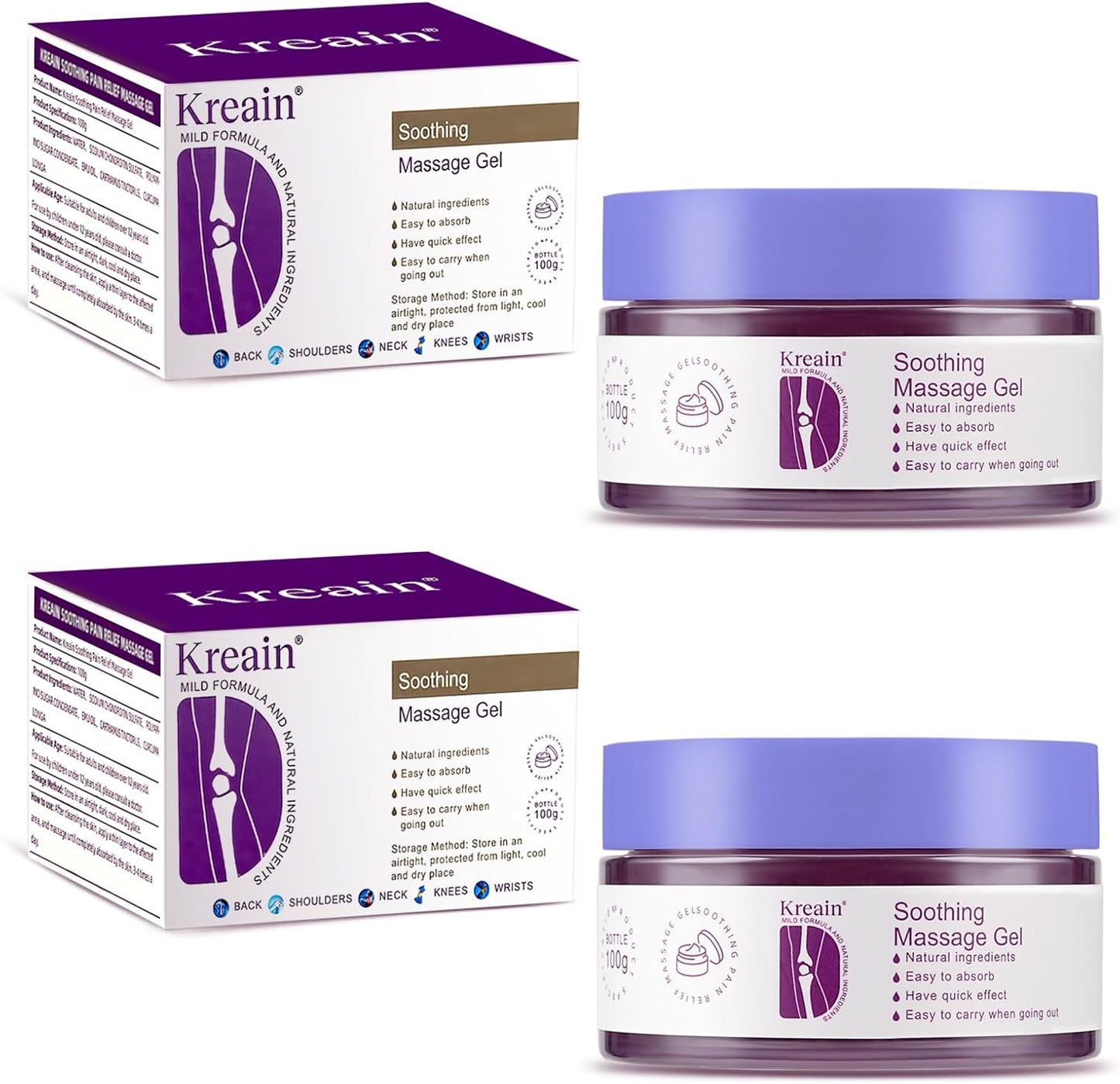 2 PCS Kreain Soothing Massage Purple Gel for Back, Neck, Shoulders, Hands, Feet, Wrists, Whole Body, Rich in Extracted Emu Oil, Safflower & Turmeric (3.5 OZ)