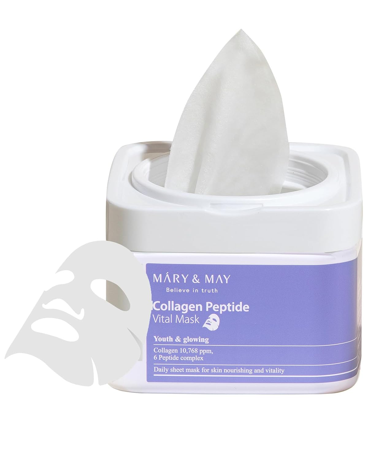 Mary&May Collagen Peptide Vital Mask | 30 Sheets | Daily Korean Face Mask | Firming & Wrinkle Care | Pore Minimizing & Elasticity Boost | Collagen & 6 Peptides for Glass Skin