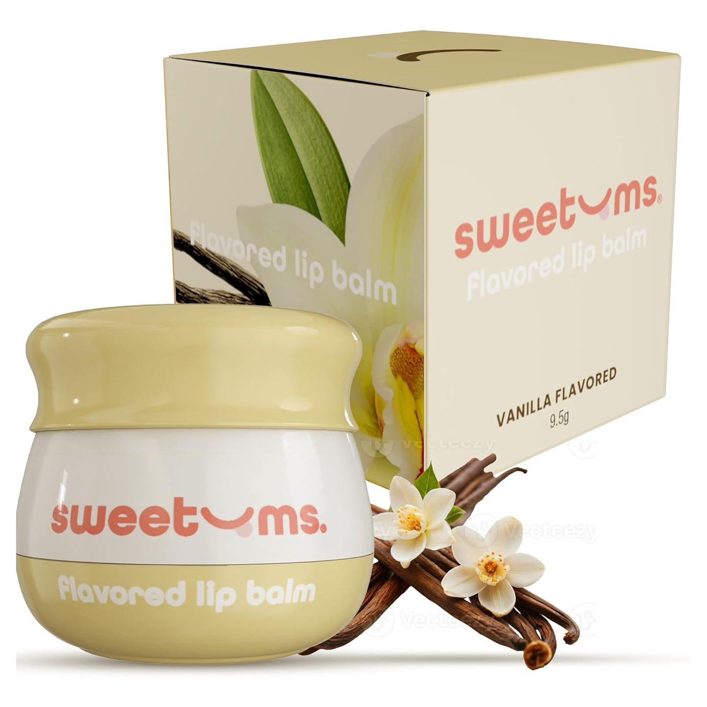 Sweetums Vanilla Lip Balm with Vitamin E Oil – Glowy Balm for Dry, Chapped Lips – Vegan Lip Care with Built-In Mirror and Applicator – Hydrating Lip Treatment with Glossy Finish – 0.15 oz