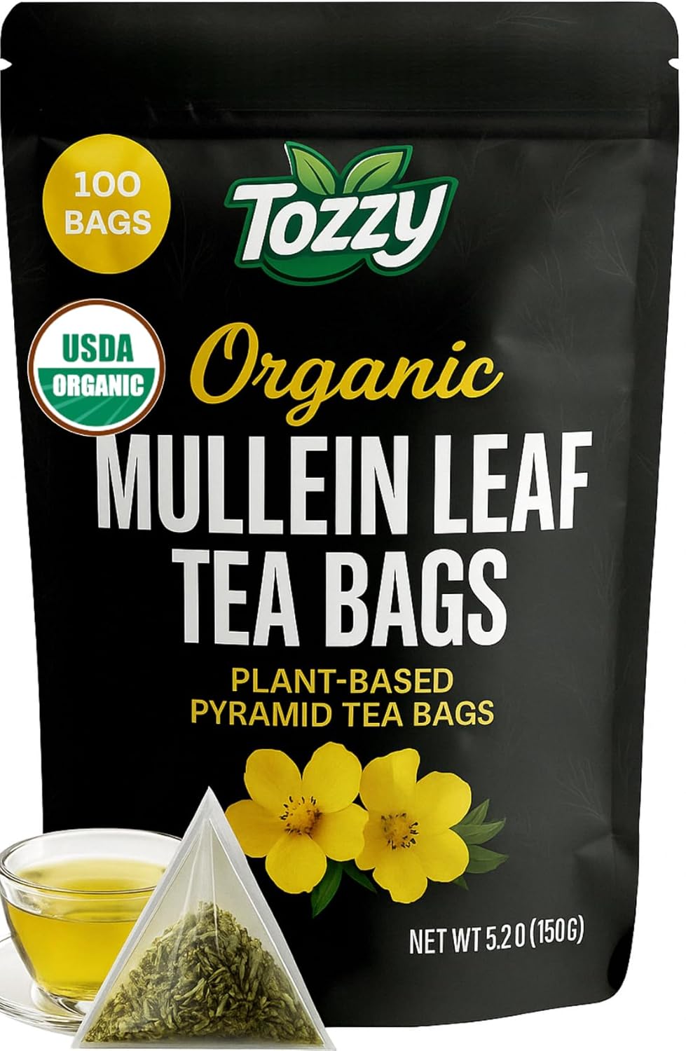 Tozzy Organic Mullein Tea – 100 Count, Plant-Based Pyramid Tea Bags | Supports Lung Health & Respiratory Wellness