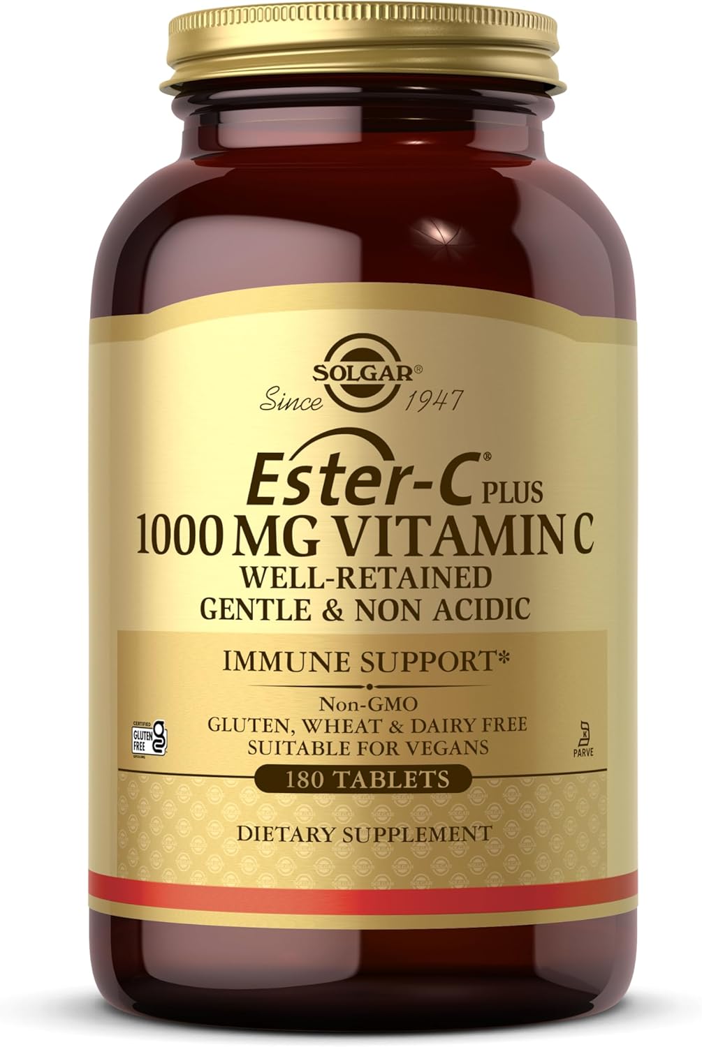 Solgar Ester-C Plus 1000 mg Vitamin C (Ascorbate Complex) - 180 Tablets - Gentle & Non Acidic - Supports Upper Respiratory Health - Non-GMO, Gluten-Free - 180 Servings
