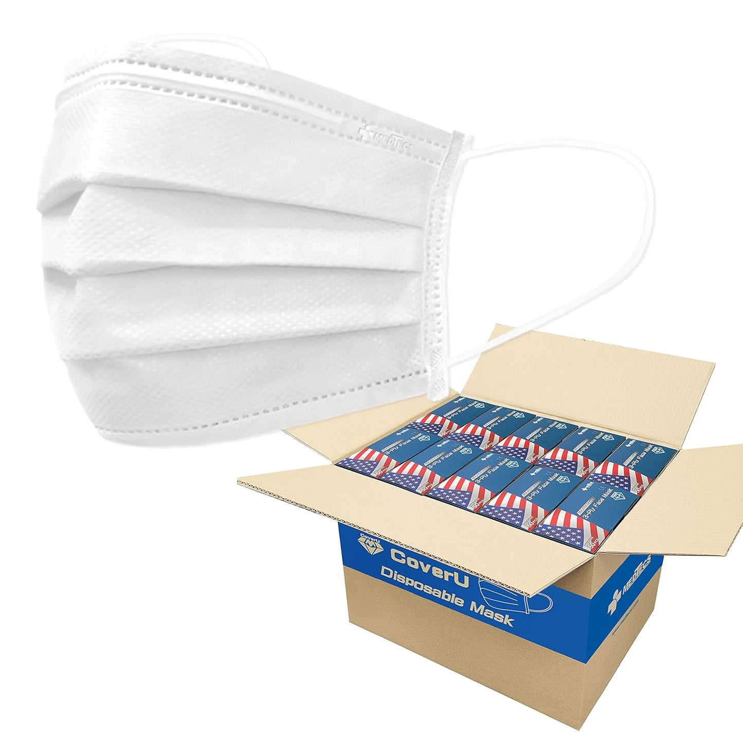 Medtecs Face Mask Disposable - Made in USA - Comfortable 3 Layer Breathable Mask, the Better Protection and Health Choice - CoverU Adult Mask - 50 PCS/Box x40 - White