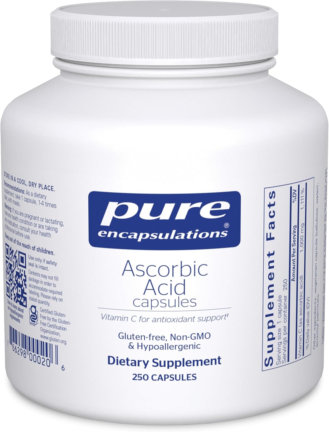 Pure Encapsulations Ascorbic Acid Capsules - 1,000 mg Vitamin C - Antioxidant & Immune Support* - High-Potency Vitamin C - Vegan & Non-GMO - 250 Capsules