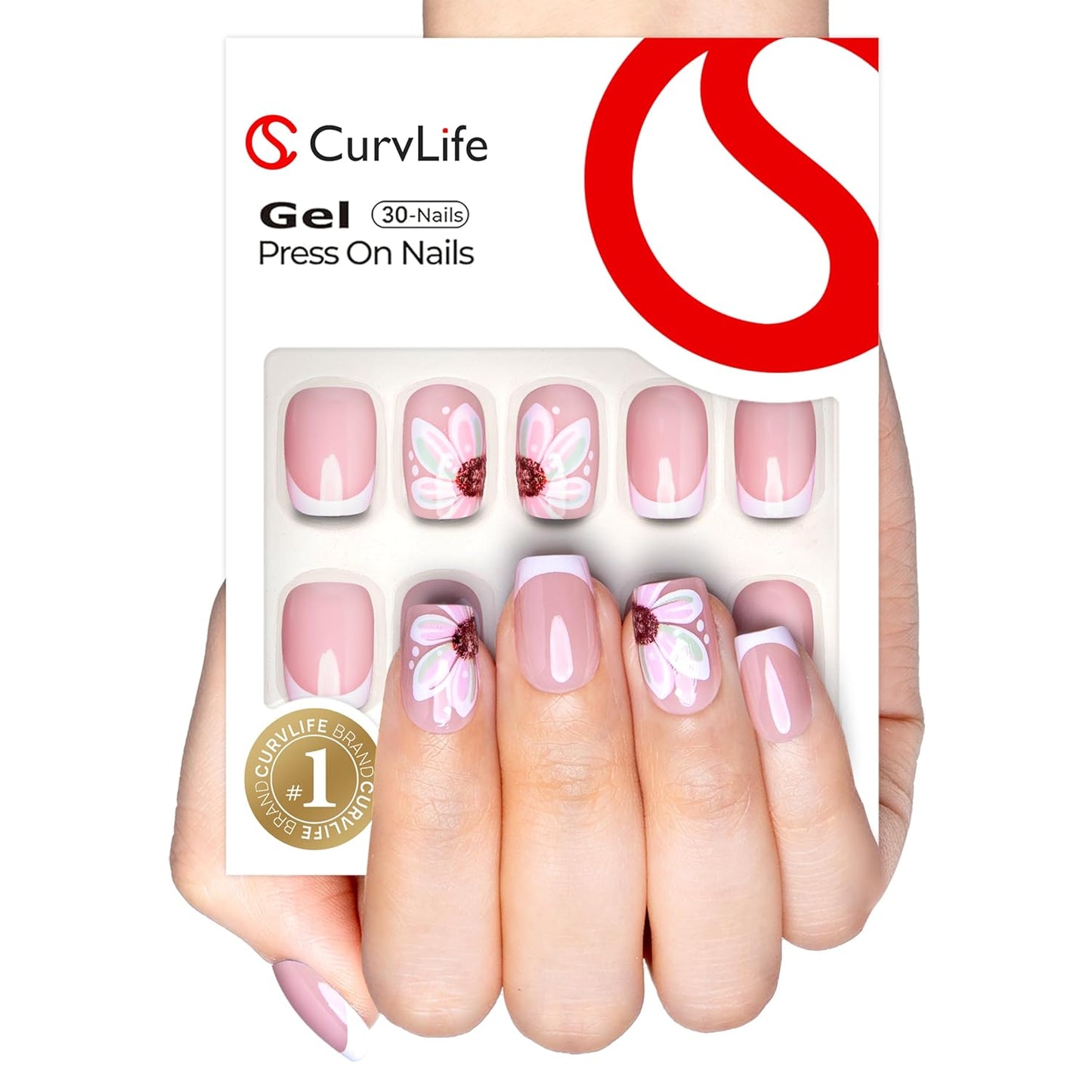 Curvlife Soft Gel Press on Nails, French Flower Nail Tips, Full Cover Short Design Reusable Fake Nails Kit with Glue and Adhesive Tabs
