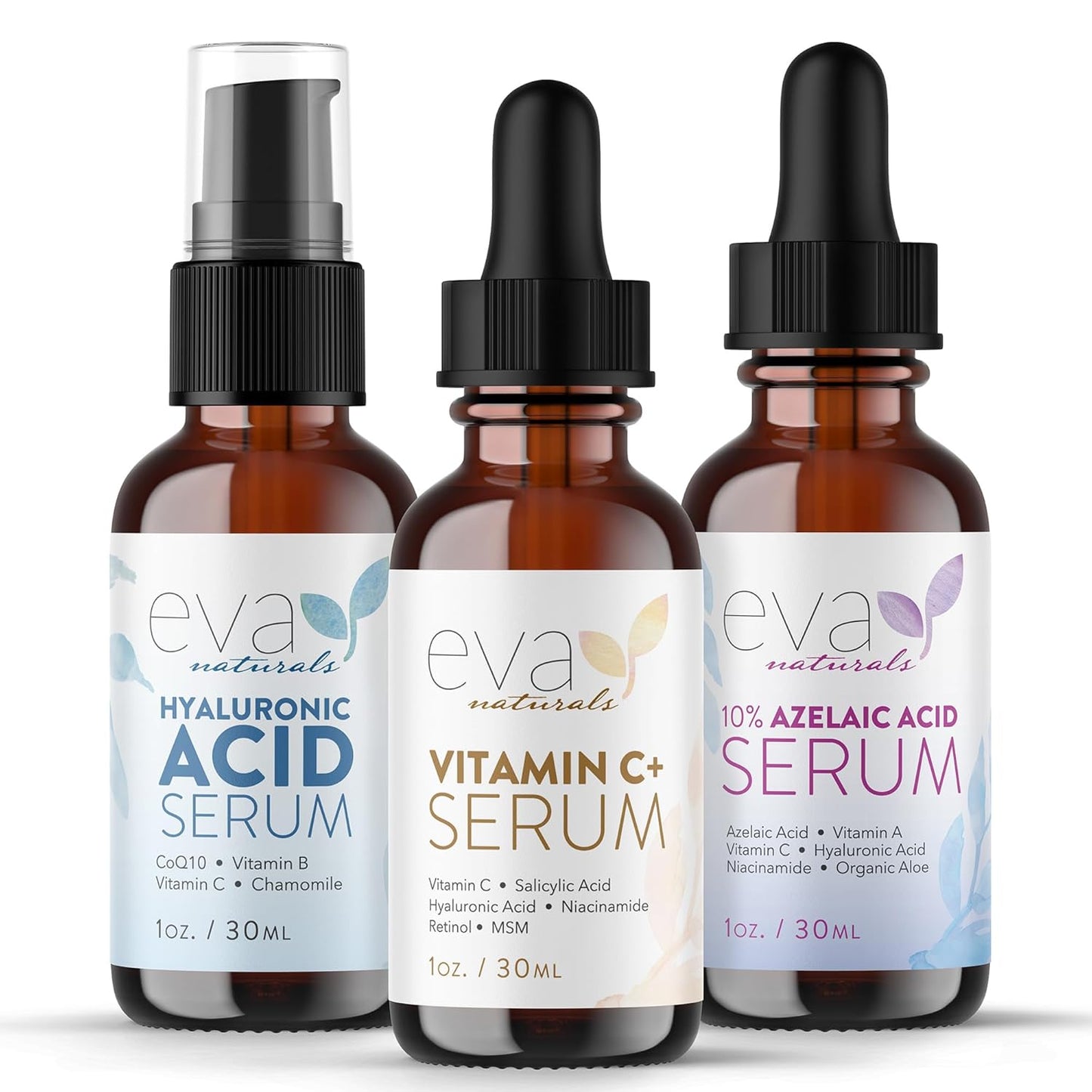 Eva Naturals Radiant Skin Serum Trio – Vitamin C+, Hyaluronic Acid & Azelaic Acid | Anti-Aging & Hydrating Face Serums for Dark Spots, Fine Lines, Acne & Redness