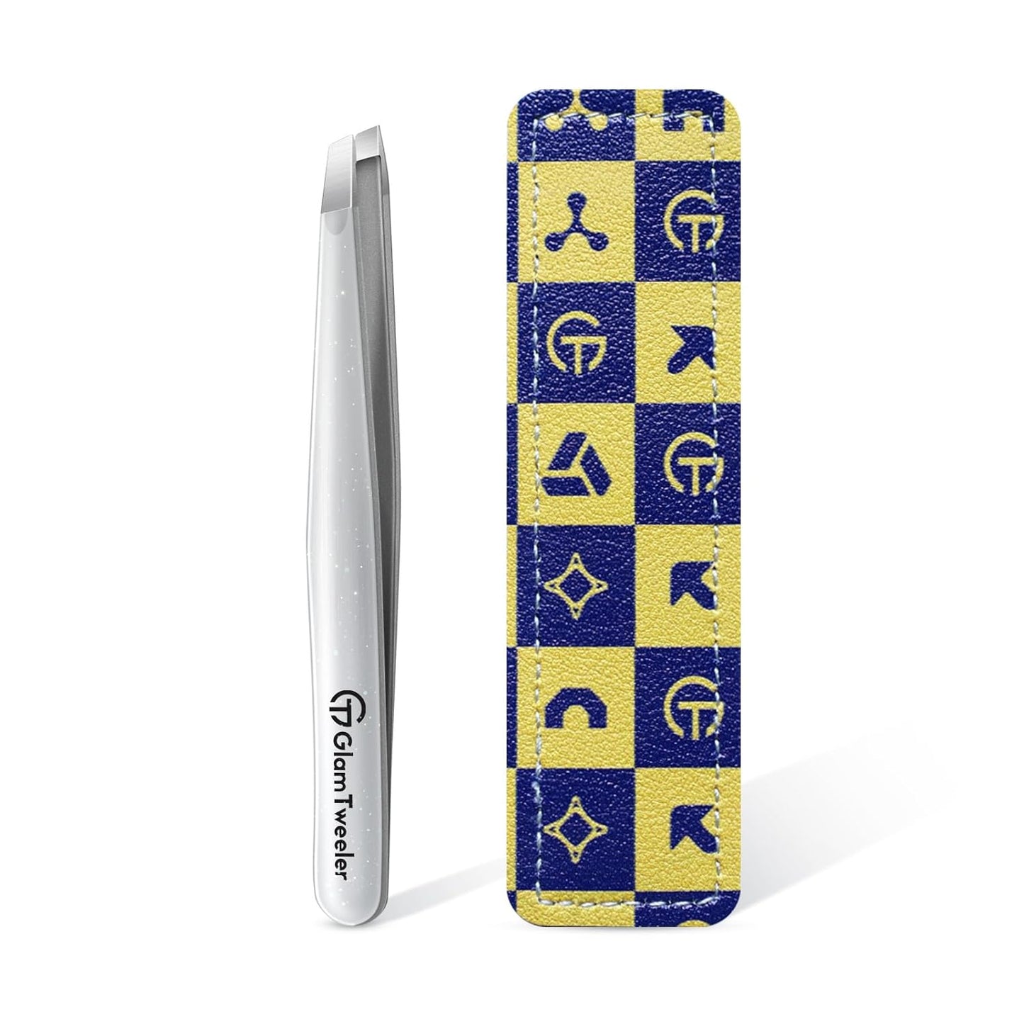 Expert Slant Tip Tweezers with Leather Case, GlamTweeler Sharp & Precision Stainless Steel Tweezer for Eyebrows, Facial Hair and Fine Hairs Removal (Sparkle Silver)