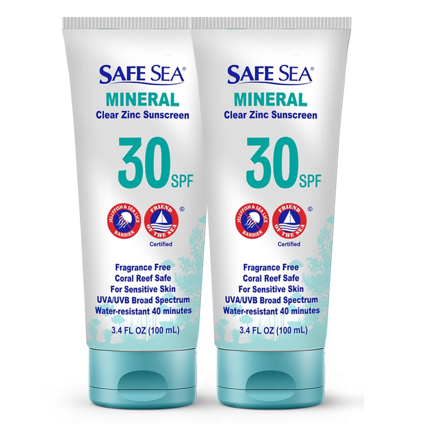 Safe Sea Zinc Oxide Sunscreen SPF30 | Clear Mineral Face And Body Sunscreen Without White Cast | Anti-Jellyfish Sting Protective Lotion | 3.4Oz (100ml) (2 Pack)