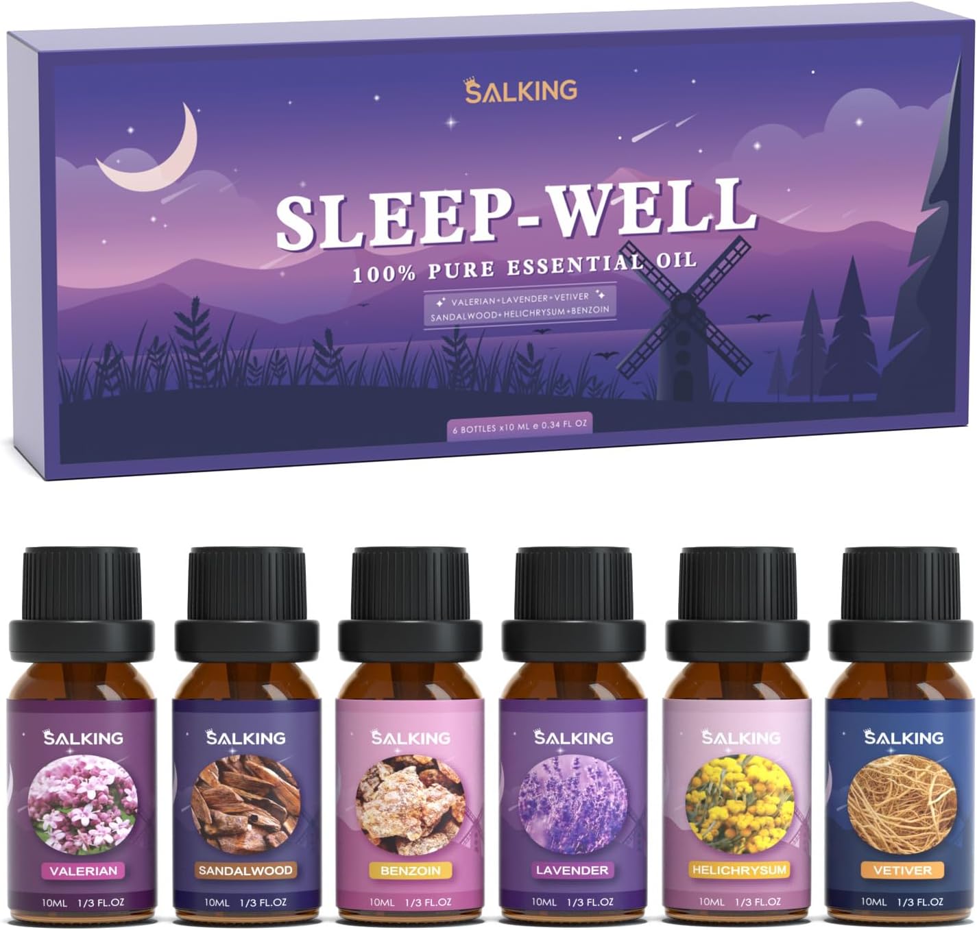 SALKING Sleep Essential Oils Set, Pure and Natural Essential Oils, Fragrance Oil Scented Oils for Oil Diffusers 6 x 10 ML - Lavender, Vetiver, Sandalwood, Valerian, Helichrysum, Benzoin…