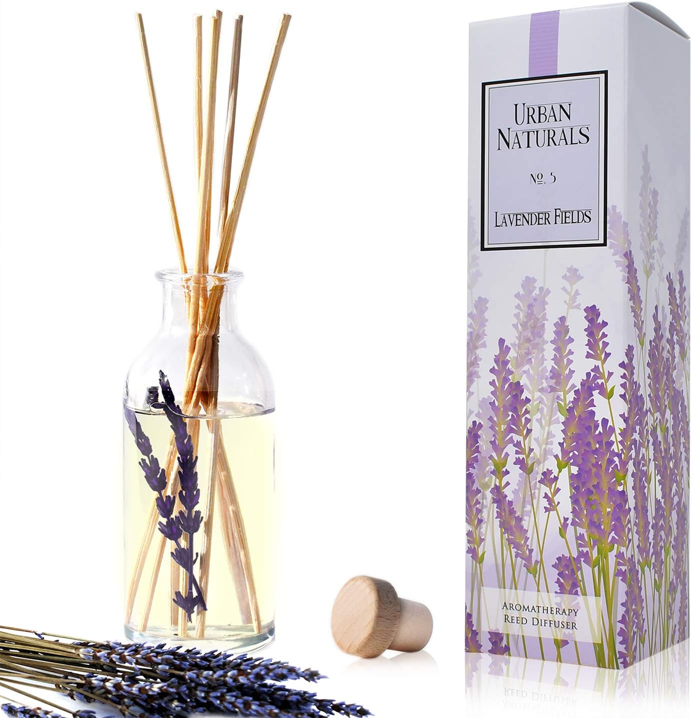 Urban Naturals Lavender Fields Oil Essential Oil Reed Diffuser Set with Real Lavender Stems! French Blossoms, Geranium & Clary Sage | #1 Gift Idea for Aromatherapy & Stress Relief | Vegan | USA Made