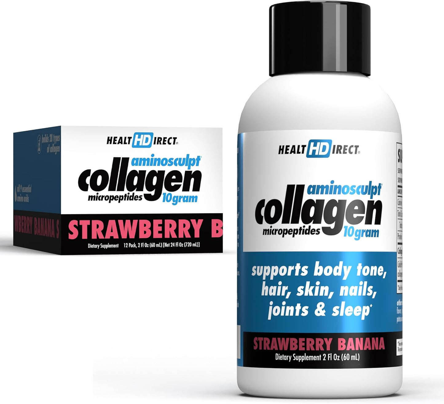 HEALTH DIRECT – Medical-Grade Liquid Collagen Shots – AminoSculpt Sugar-Free – Strawberry Banana – 12 Servings, (12pk, 2oz Shots) – Good for Joints, Bones, & Sleep – Better Hair, Skin & Nails
