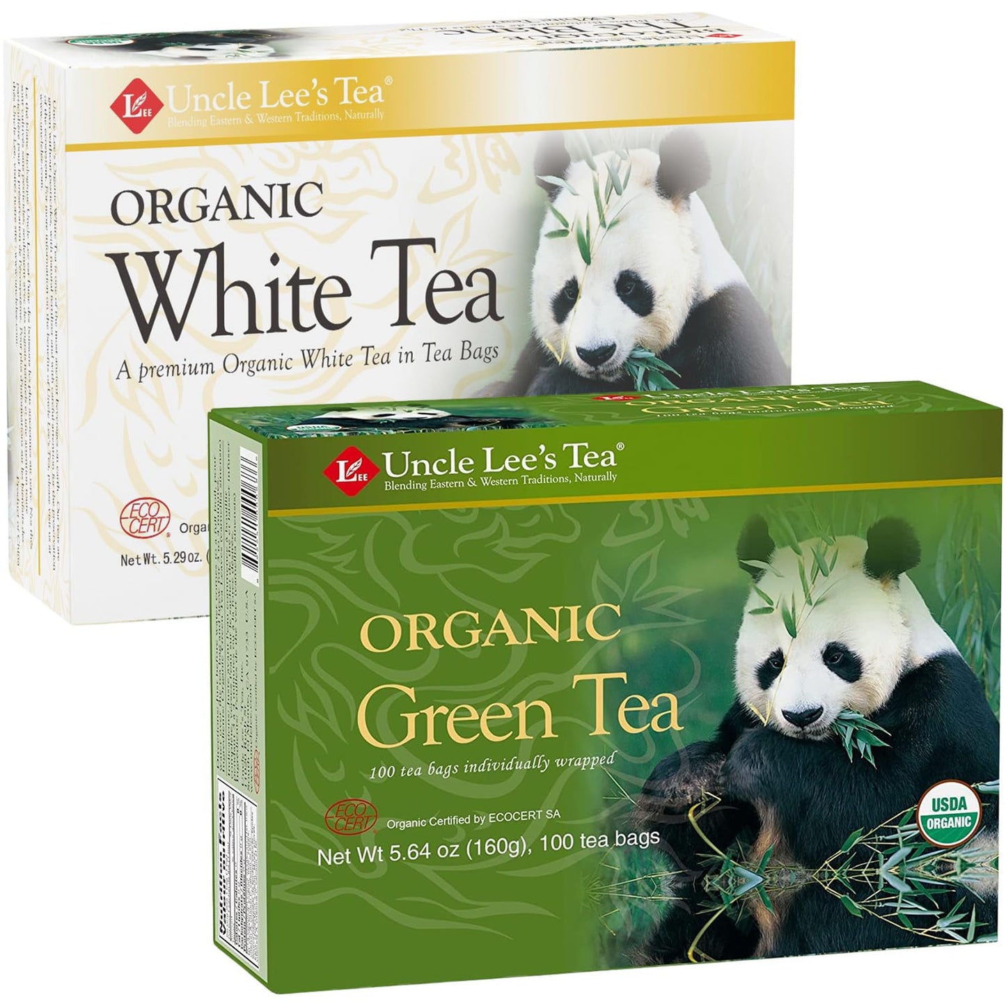 Uncle Lee's Organic White & Green Tea Variety 2-Pack (206 Individually Wrapped Bags) – Lightly Caffeinated Bulk Teas for Home, Office, Camping