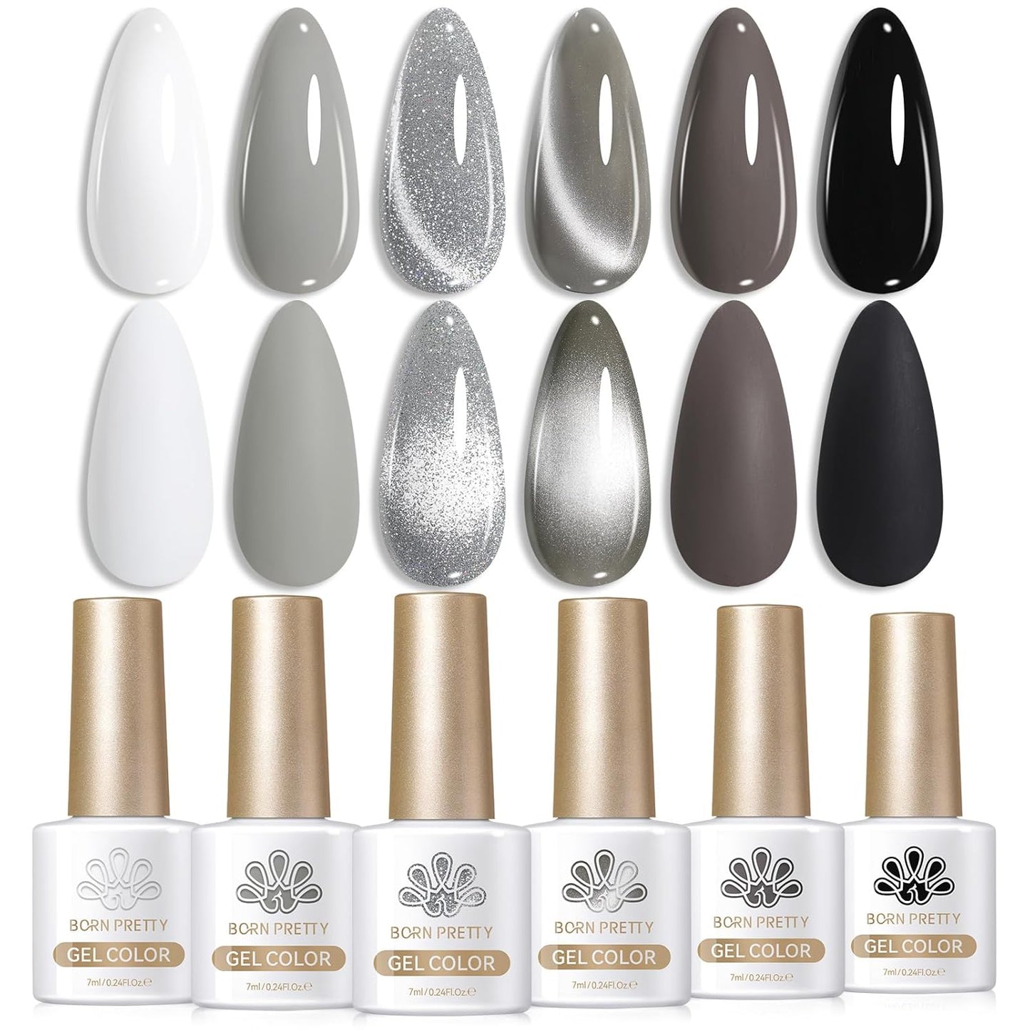 BORN PRETTY Gel Nail Polish 6 Colors - White Gray Black Colors Glitter Cat Magnetic Eye Gel Polish Kit Soak Off Nail Art Manicure DIY Design Collection for Home and Salon