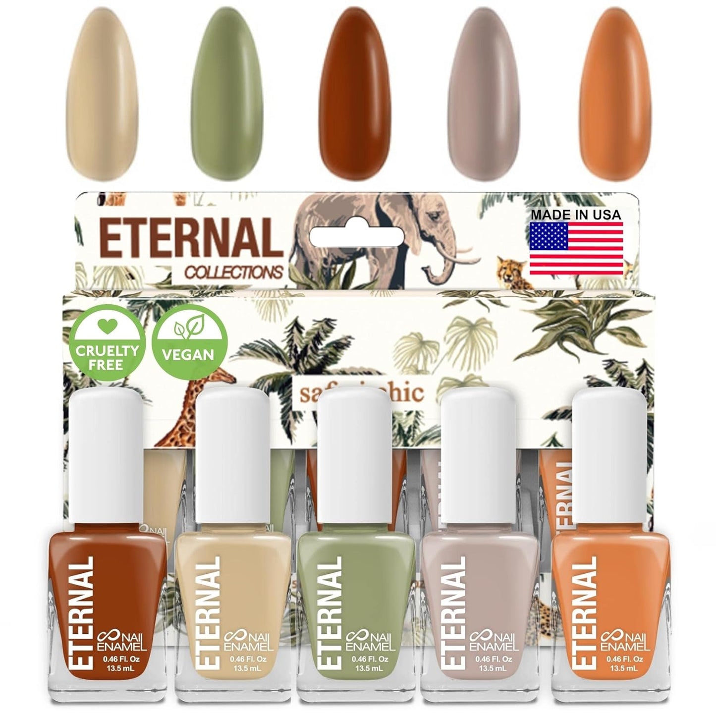 Eternal Nail Polish Set for Women (SAFARI) - Nail Polish Set for Girls - Long Lasting & Quick Dry Natural Nail Polish Kit for Home DIY Manicure & Pedicure - Made in USA, 13.5mL (Set of 5)