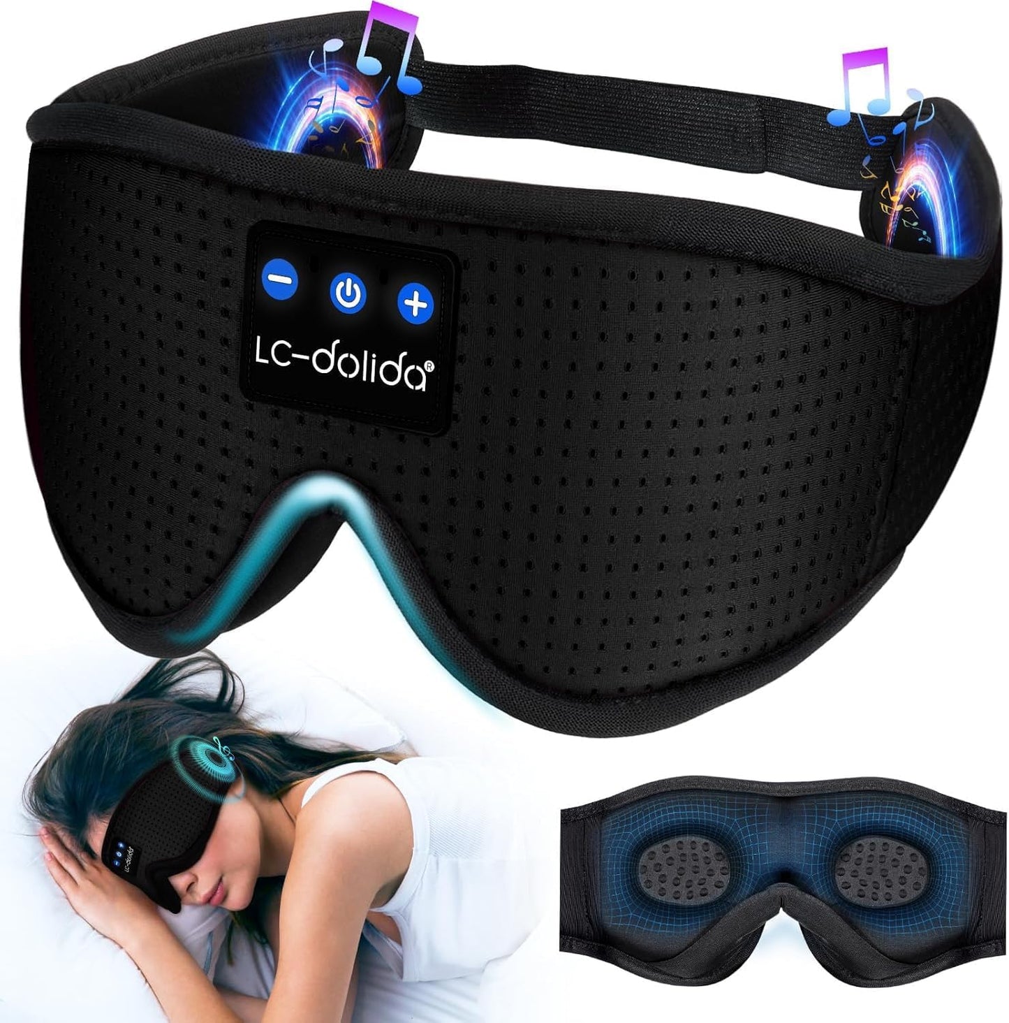 LC-dolida Sleep Headphones, 3D Sleep Mask Bluetooth Wireless, Sleeping Headphones for Side Sleepers Sleep Eye Mask Music Weighted Sleeping Mask Meditation Gifts for Men Women (Black)