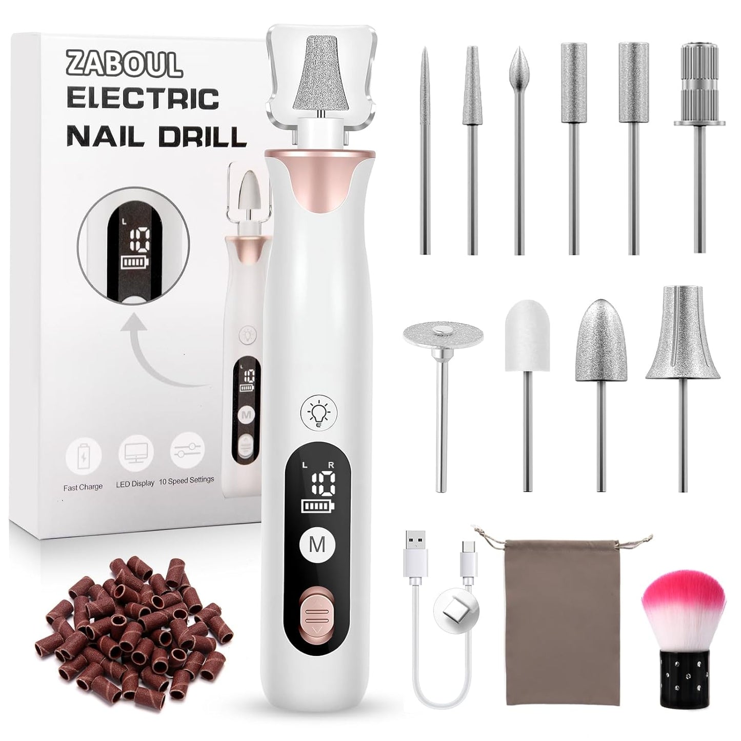 Electric Nail Drill Kit, Professional Cordless Electric Nail File for Acrylic Gel Dip Powder Nails Portable Nail Machine Kit Manicure Pedicure Tools Set with Nail Drill Bits Sanding Bands (White)