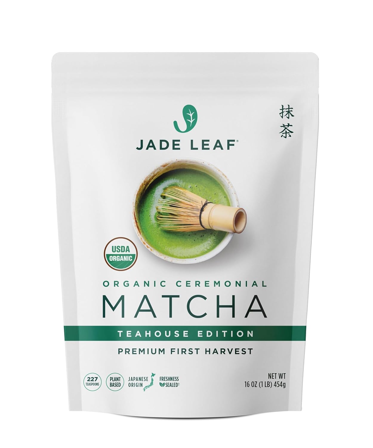 Jade Leaf Matcha Organic Ceremonial Grade Green Tea Powder - Farm Direct First Harvest - Authentic Japanese Origin (1 Pound Bulk Pouch)