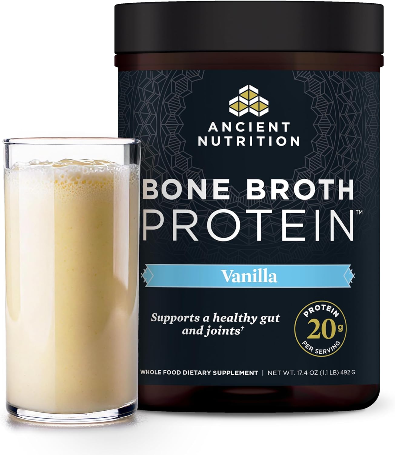 Ancient Nutrition Grass Fed, Cage Free, Bone Broth Protein Powder, 20g Protein, Hydrolyzed Collagen Peptides, Keto & Paleo Friendly, Supports Joint, Gut Health, Vanilla, 20 Servings