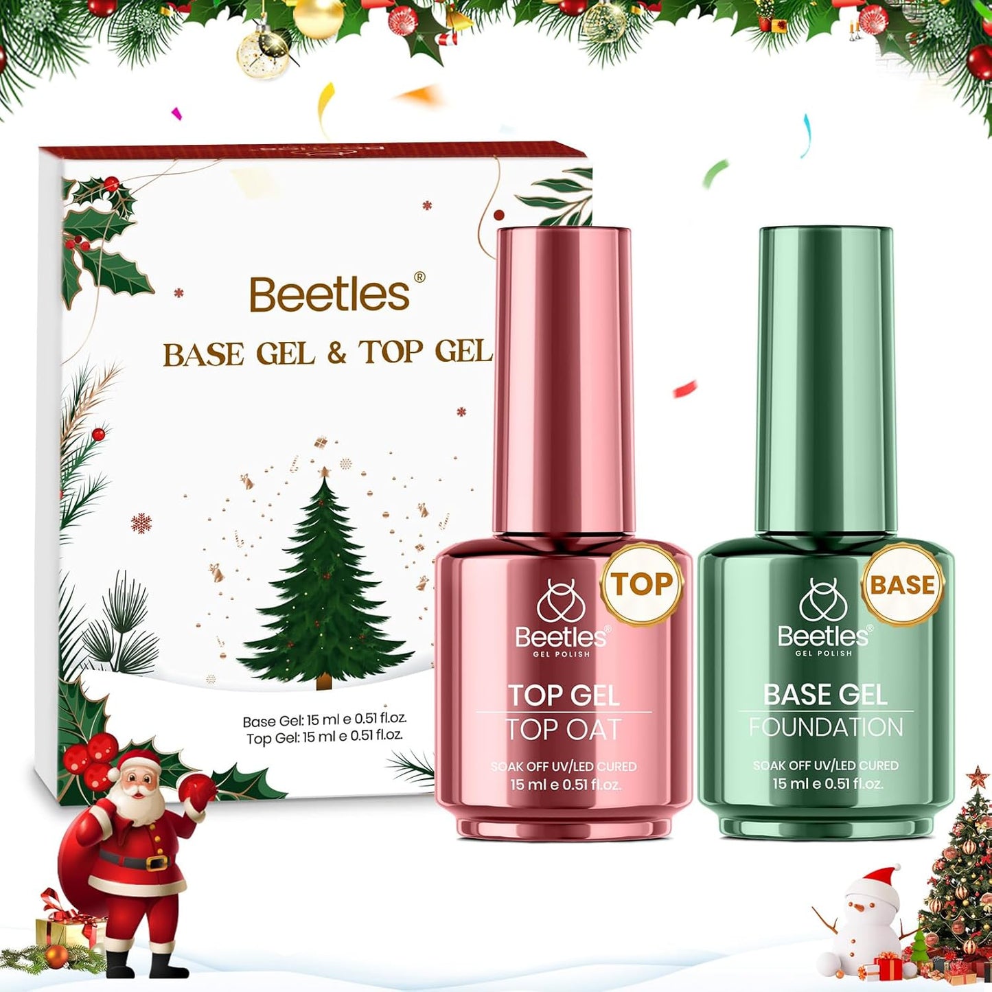 Beetles No Wipe Gel Top Coat and Base Coat Set, 2 Pcs 15ml Top Coat Gel Nail Polish & Gel Base Shine Finish Long Lasting, Soak Off LED Lamp Nail Art Design Manicure Gifts for Women Christmas Limited