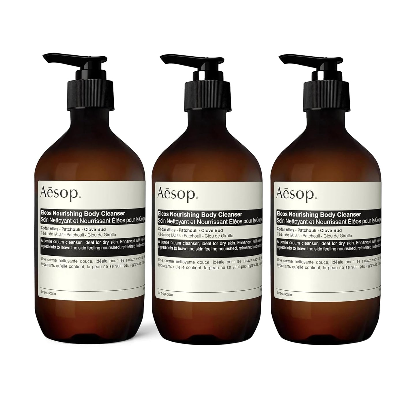 Aesop Eleos Nourishing Body Cleanser | Hydrating Ingredients For Refreshed, Soft Skin | Enriched With Emollients, Humectants, Purifying Botanicals | 500mL / 16.9oz (Pack of 3)