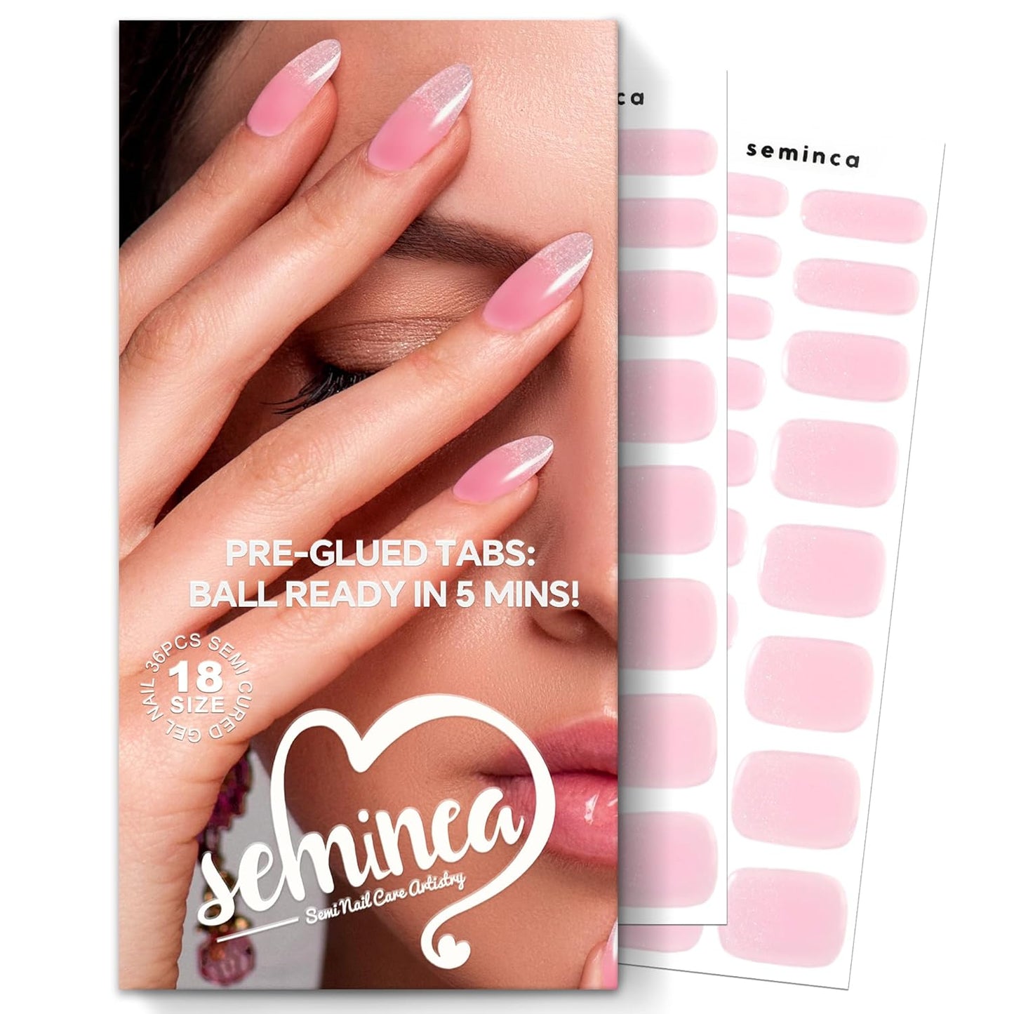 Semi Cured Gel Nail Strips-Semi Cured Gel Nails Valentine's Day - Medium Almond Pink Shimmer Press on Nails, Iridescent Glitter Design, 60s UV Light Needed(Pink Gradient)