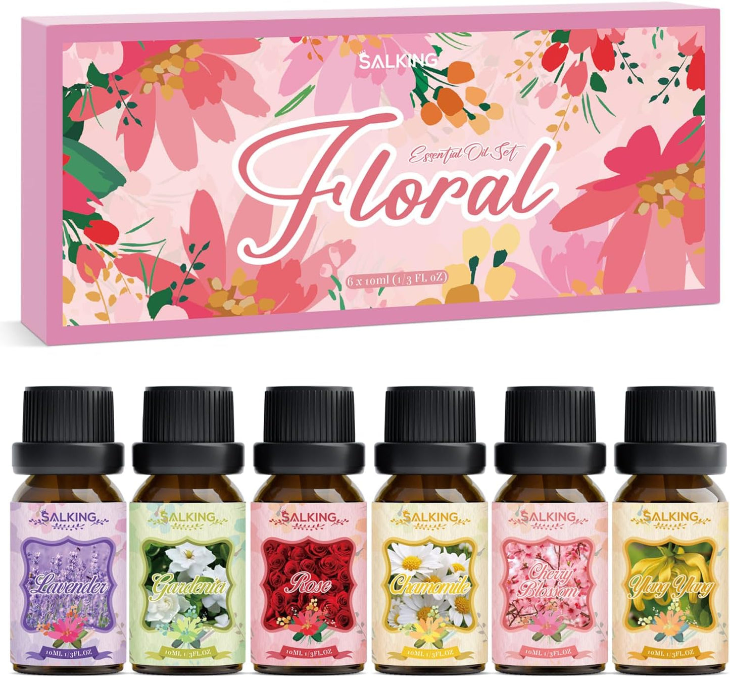 SALKING Floral Essential Oils Set, Premium Pure and Natural Essential Oils, Fragrance Oil Scented Oils for Oil Diffusers 6 x 10 ML - Lavender, Rose, Cherry Blossom, Ylang Ylang, Gardenia, Chamomile