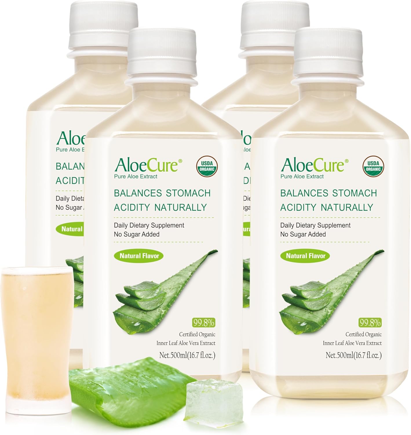 AloeCure USDA Organic Aloe Vera Juice Made Within 12 Hrs of Harvest - Pure Aloe Juice Natural Digestive Supplement to Support Digestion, Immune System and Balanced Stomach Acidity, 4 x 500ml Bottles