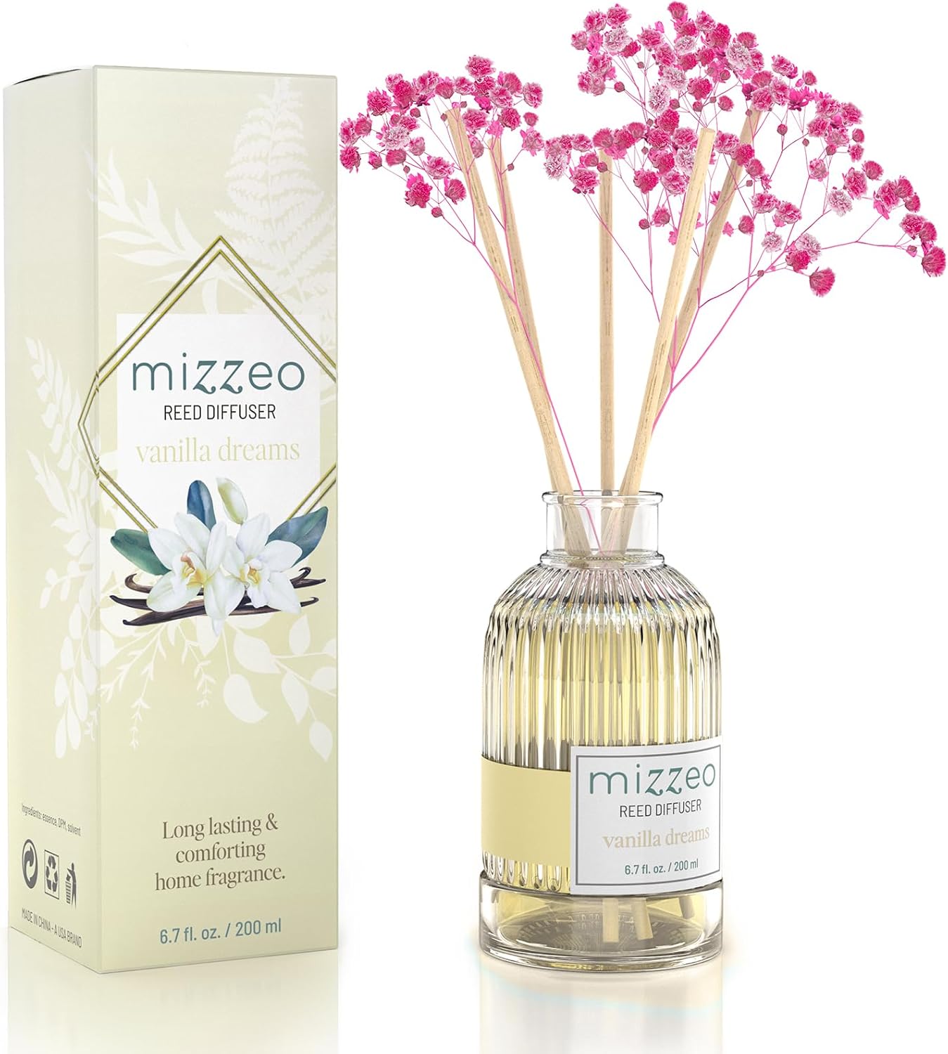 MIZZEO Reed Diffuser Set, Vanilla Dreams 6.76 fl oz Highly Scented Room Diffuser Home Fragrance Essential Oil Reed Flower Diffuser, House Bedroom Office Decor & Gifts