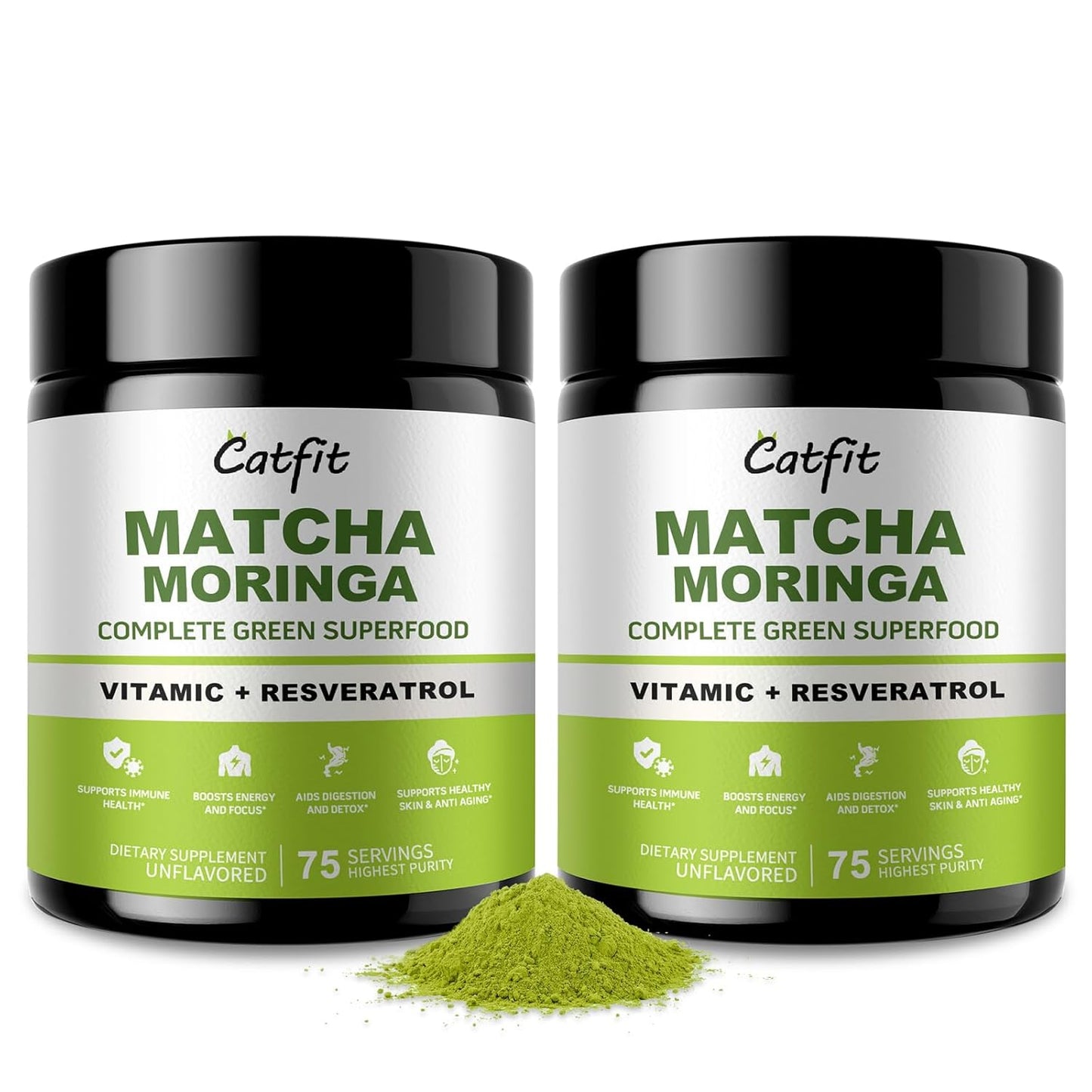 2 Pack Moringa Powder and Matcha Powder, 4 in 1 Superfood Blend with Green Tea and Resveratrol, for Energy, Immune, Digestion, and Antioxidant Support, Vegan, Gluten-Free, Moringa Supplement