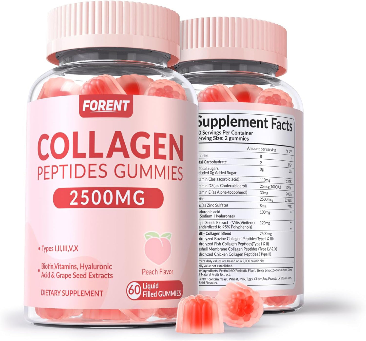 Multi Collagen Peptides Gummies for Women & Men with 2500mg Biotin, Vitamin D3, Hyaluronic Acid | Supports Skin Hair Nails & Joints, Sugar-Less Colageno Hidrolizado for Women, 60 Servings