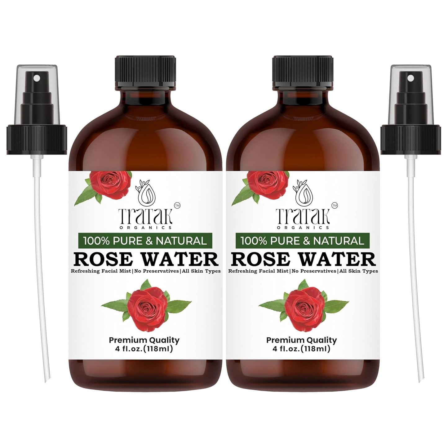 Rose Water 4 fl oz (118 ml) Organic Refreshing Rose Water Spray for Face & Skin Hydration, Pure Rosewater for Hair & Makeup Setting Spray, Reduce Eye Puffiness, Dark Circles & Redness (Pack of 2)
