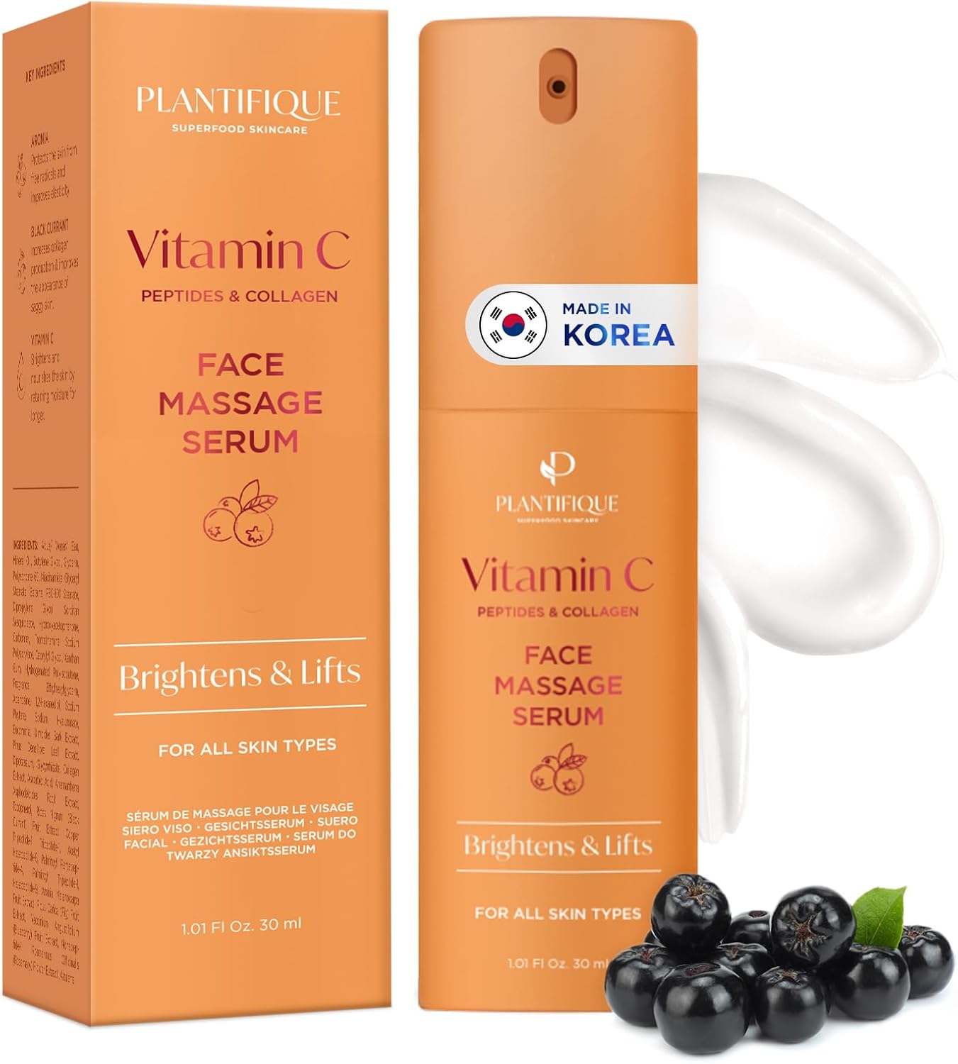 PLANTIFIQUE Korean Vitamin C Face Massage Serum â Hydrating Anti-Aging Collagen & Peptides Formula â Perfect for Gua Sha Facial Massage & Even Skin Tone Glow