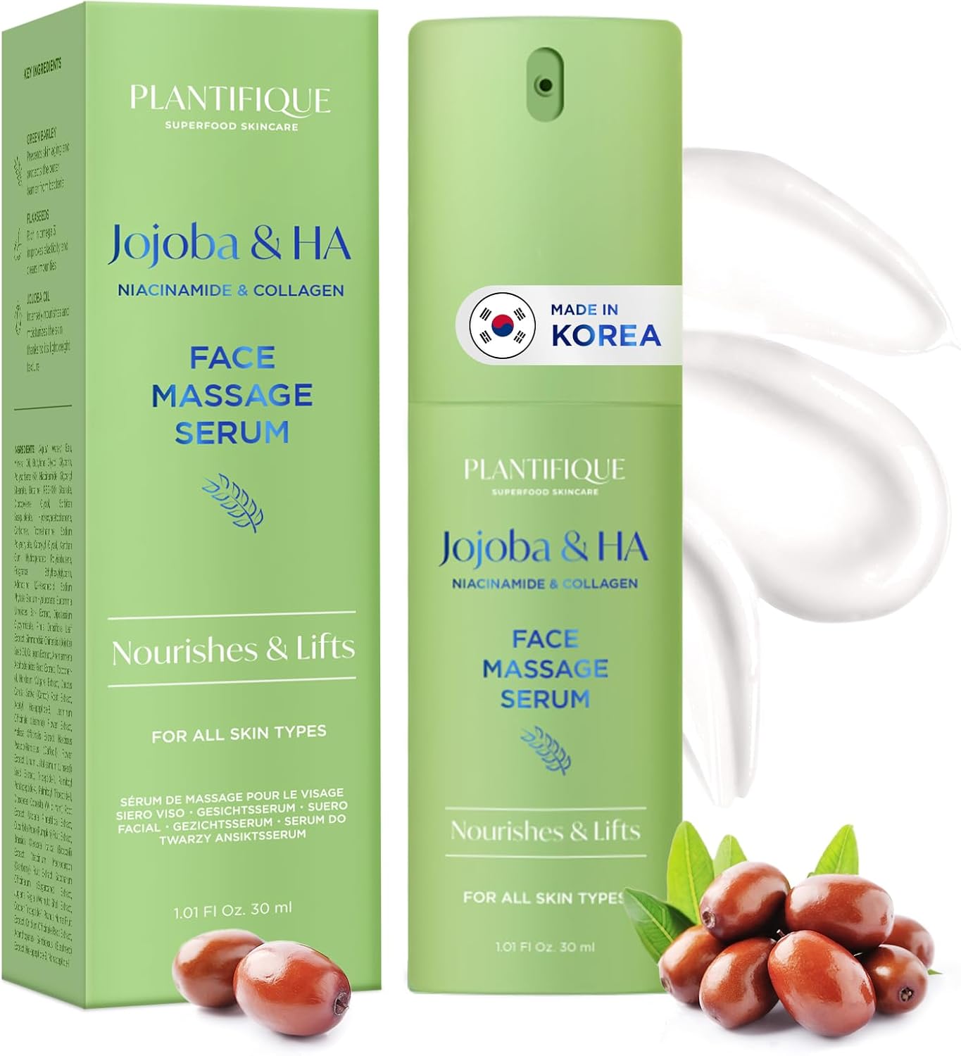 PLANTIFIQUE Korean Jojoba Oil & Hyaluronic Acid Face Massage Serum â Hydrating Anti-Aging Collagen & Niacinamide Formula â Perfect for Gua Sha Facial Massage â Gift for Men & Women