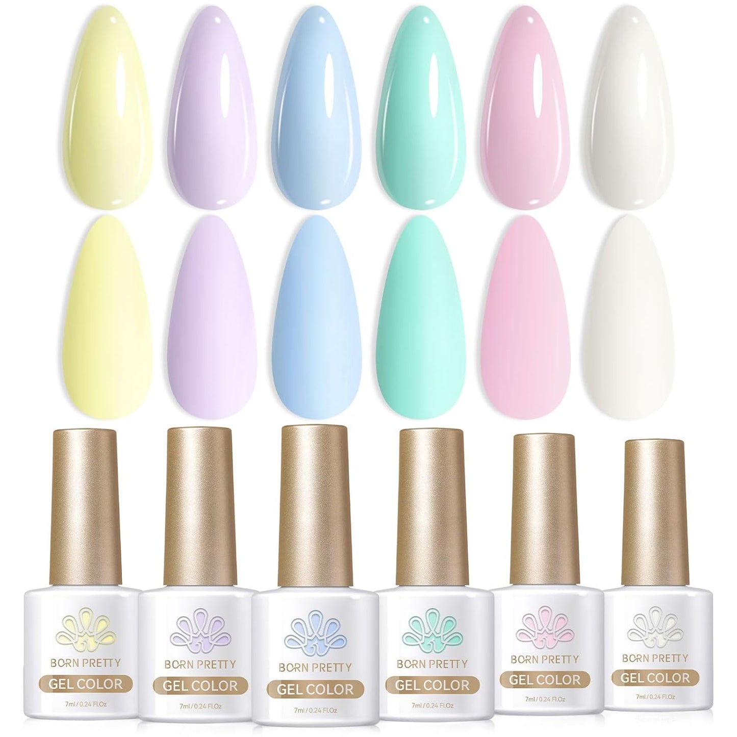 Born Pretty Pastel Gel Nail Polish Set Spring Summer Macaron Candy Sweet Color Gel Polish Easter Soft Pink Yellow Purple Blue Green Colors Collection 7ML 6PCS Nail Art Gift Box