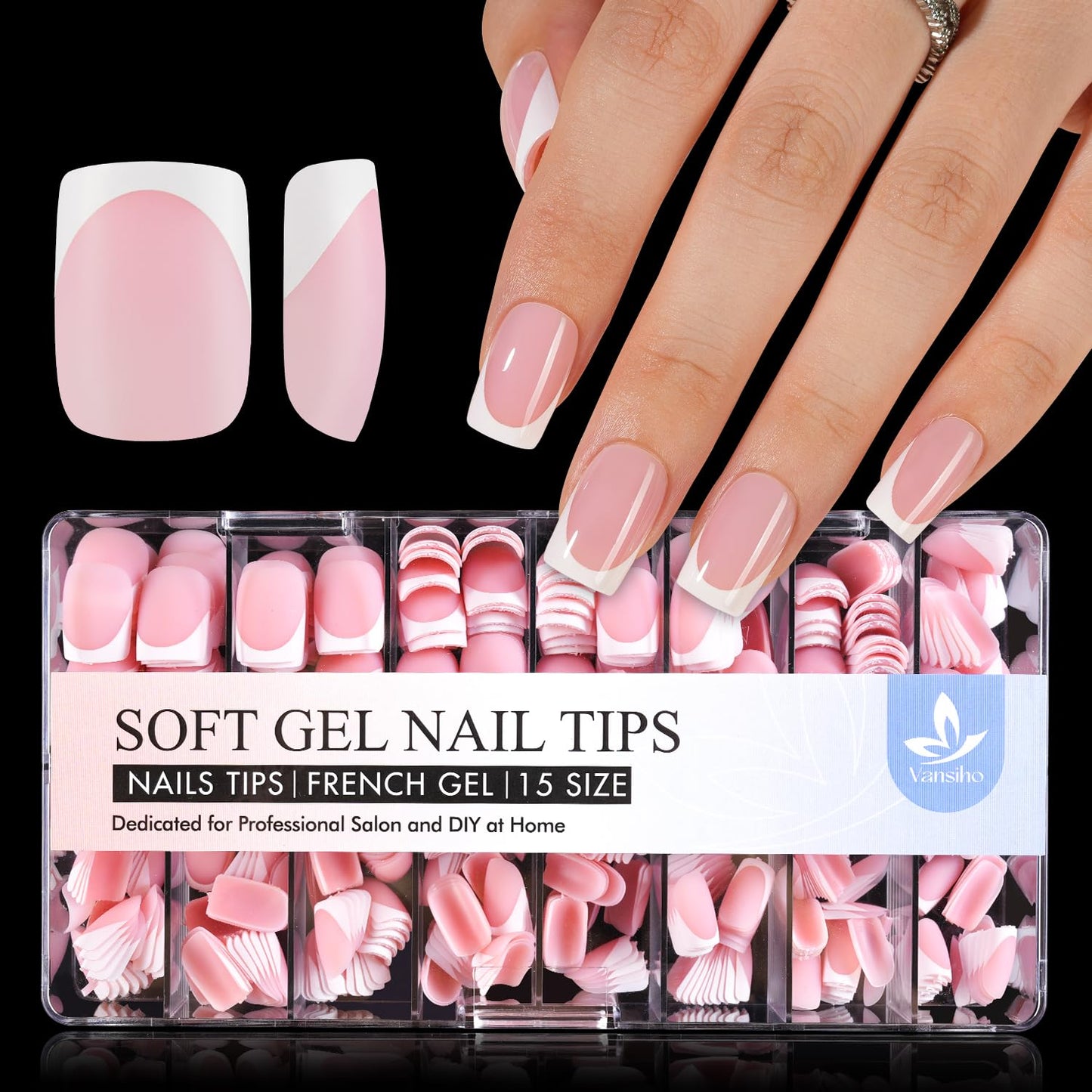 Vansiho French Gel Nail Tips 600Pcs, Short Square Soft Gel Nail Tips, Pink French Tips Press on Nails, Fake Nails with Box for Nail Art DIY 15 Sizes