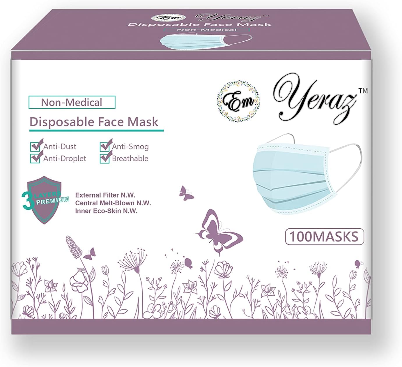 100 PCS 3 Ply Blue Disposable Face Mask Filter Protection Face Masks.